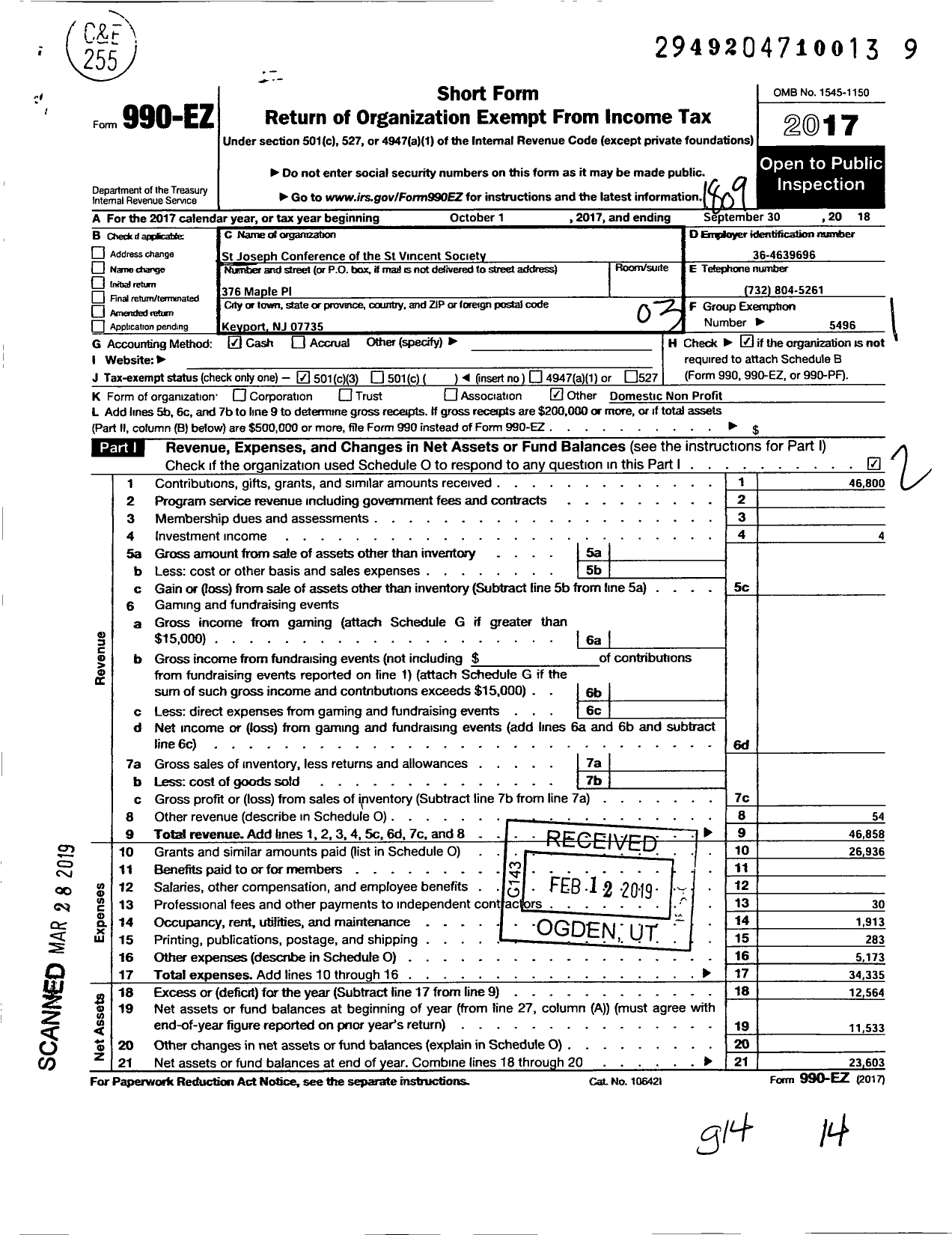 Image of first page of 2017 Form 990EZ for Trenton Diocesan Council St Vincent Depaul society