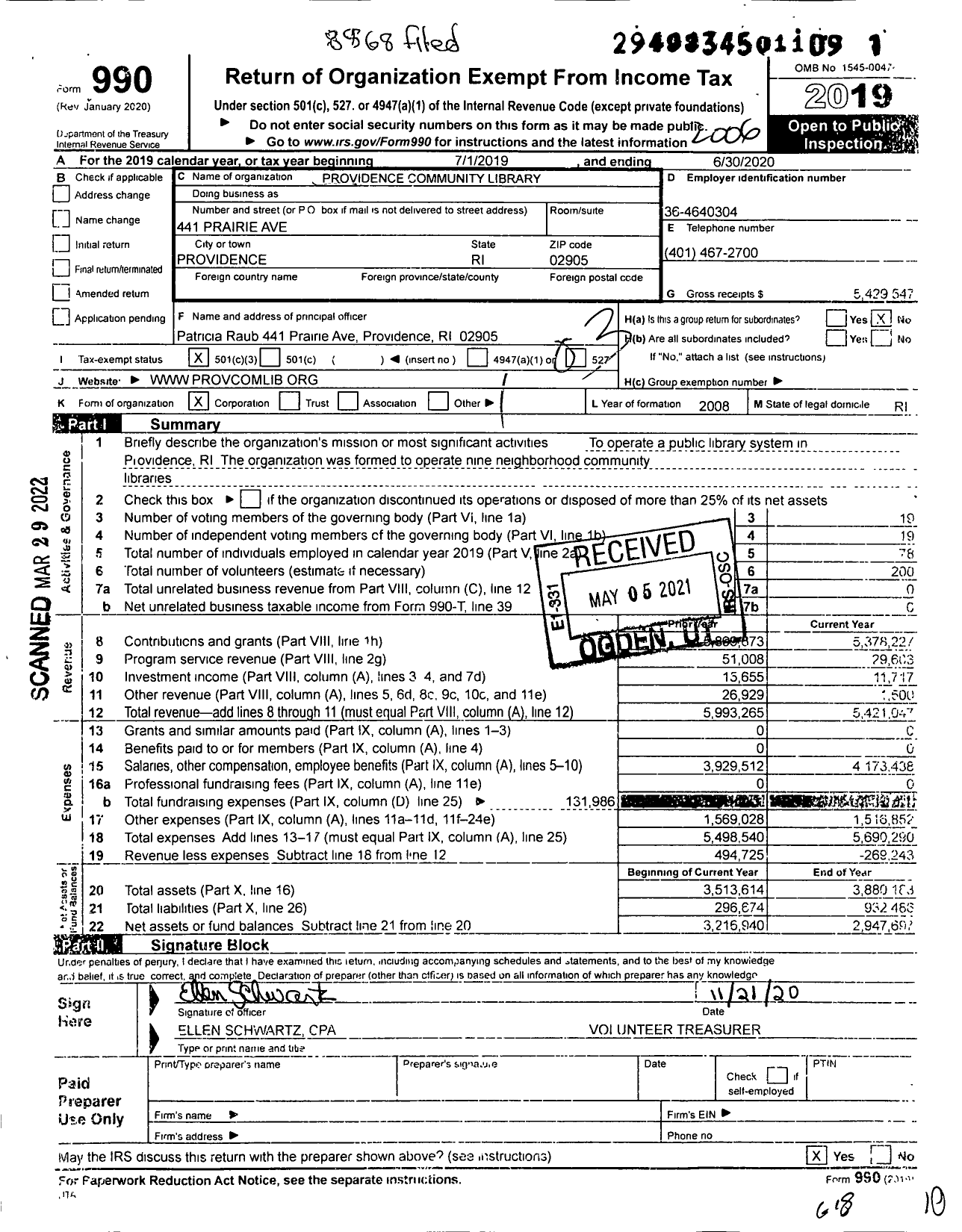 Image of first page of 2019 Form 990 for Community Libraries of Providence