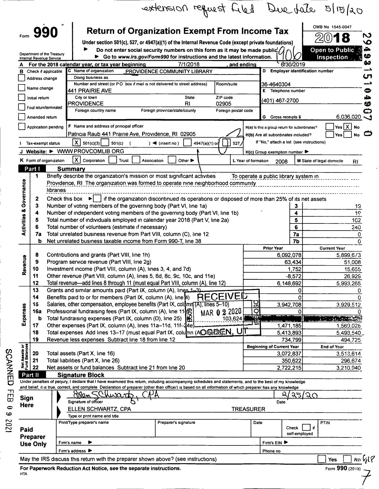 Image of first page of 2018 Form 990 for Community Libraries of Providence