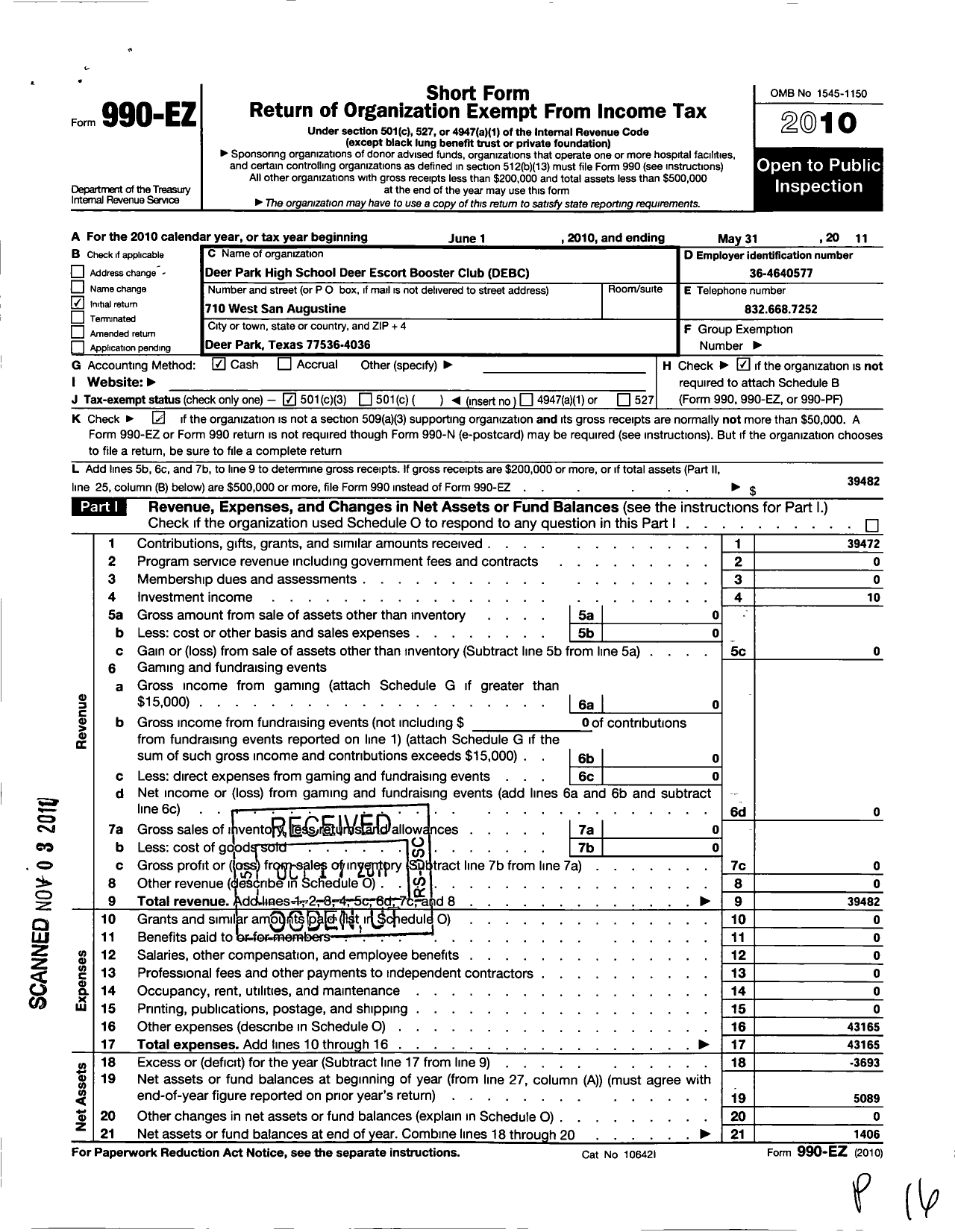 Image of first page of 2010 Form 990EZ for Deer Park High School Deer Escort Booster Club