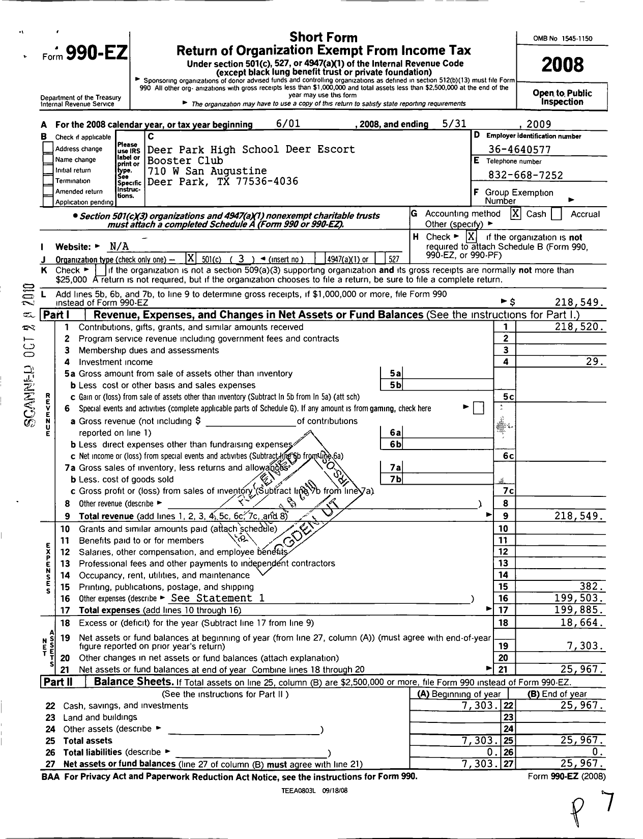 Image of first page of 2008 Form 990EZ for Deer Park High School Deer Escort Booster Club