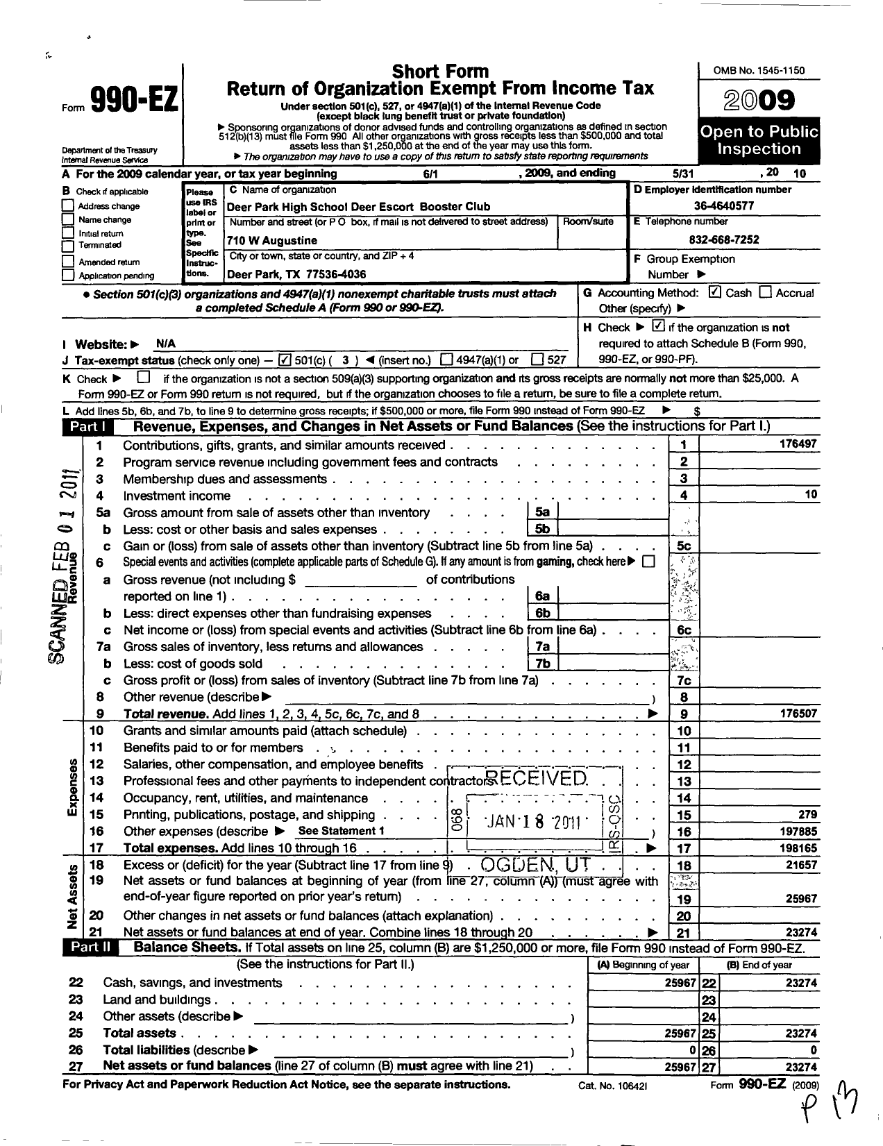 Image of first page of 2009 Form 990EZ for Deer Park High School Deer Escort Booster Club