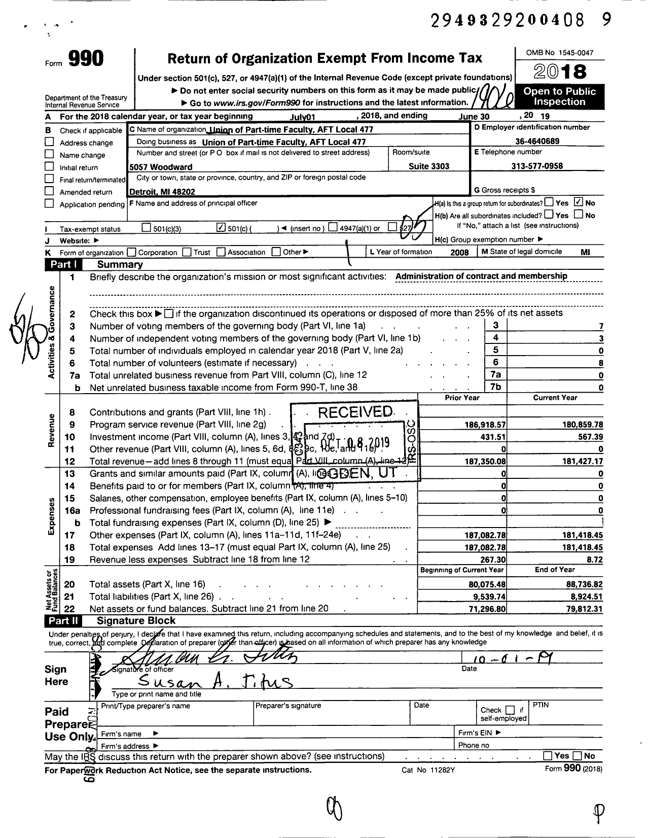 Image of first page of 2018 Form 990O for American Federation of Teachers - 477 Union of Part-Time Faculty