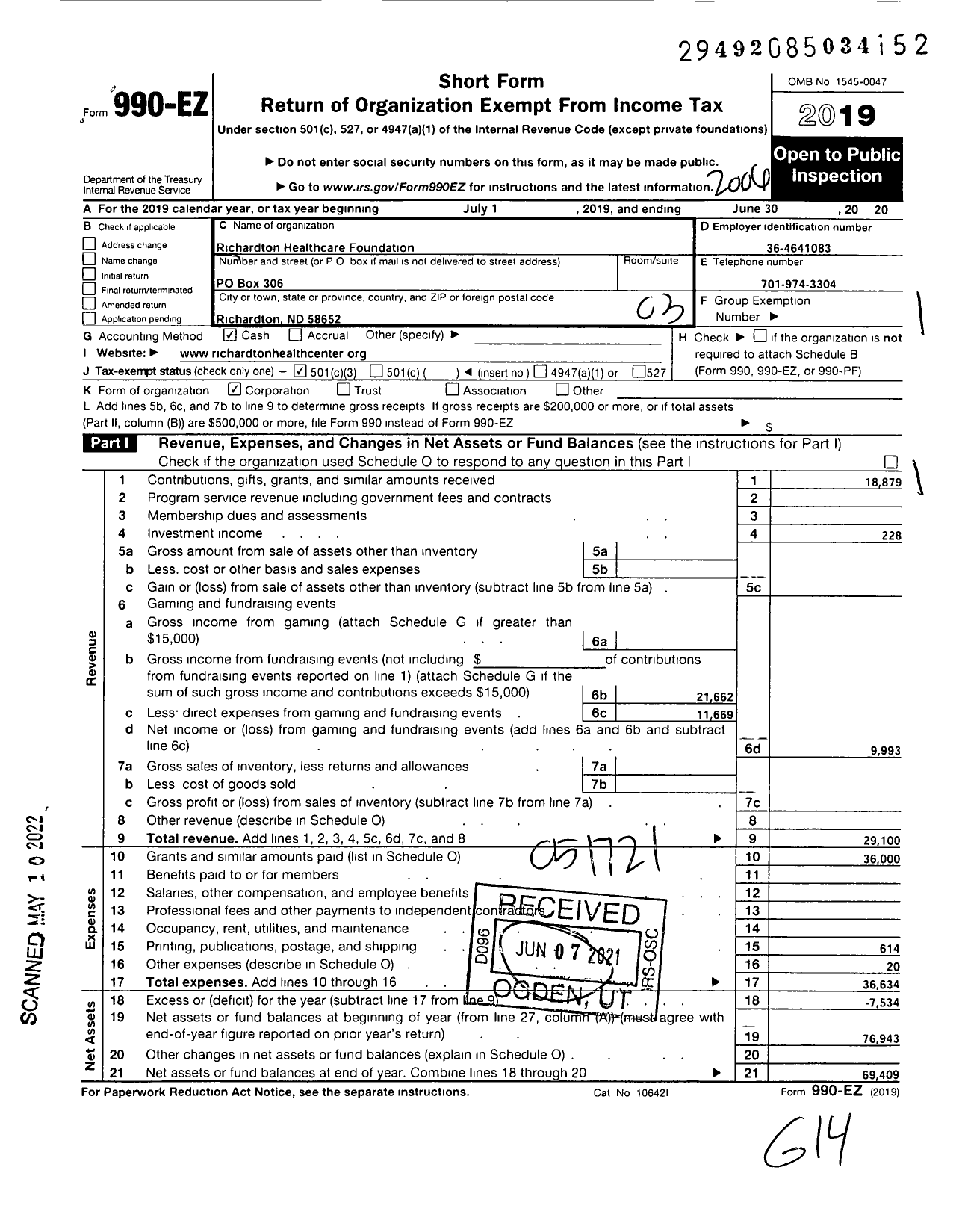 Image of first page of 2019 Form 990EZ for Richardton Healthcare Foundation