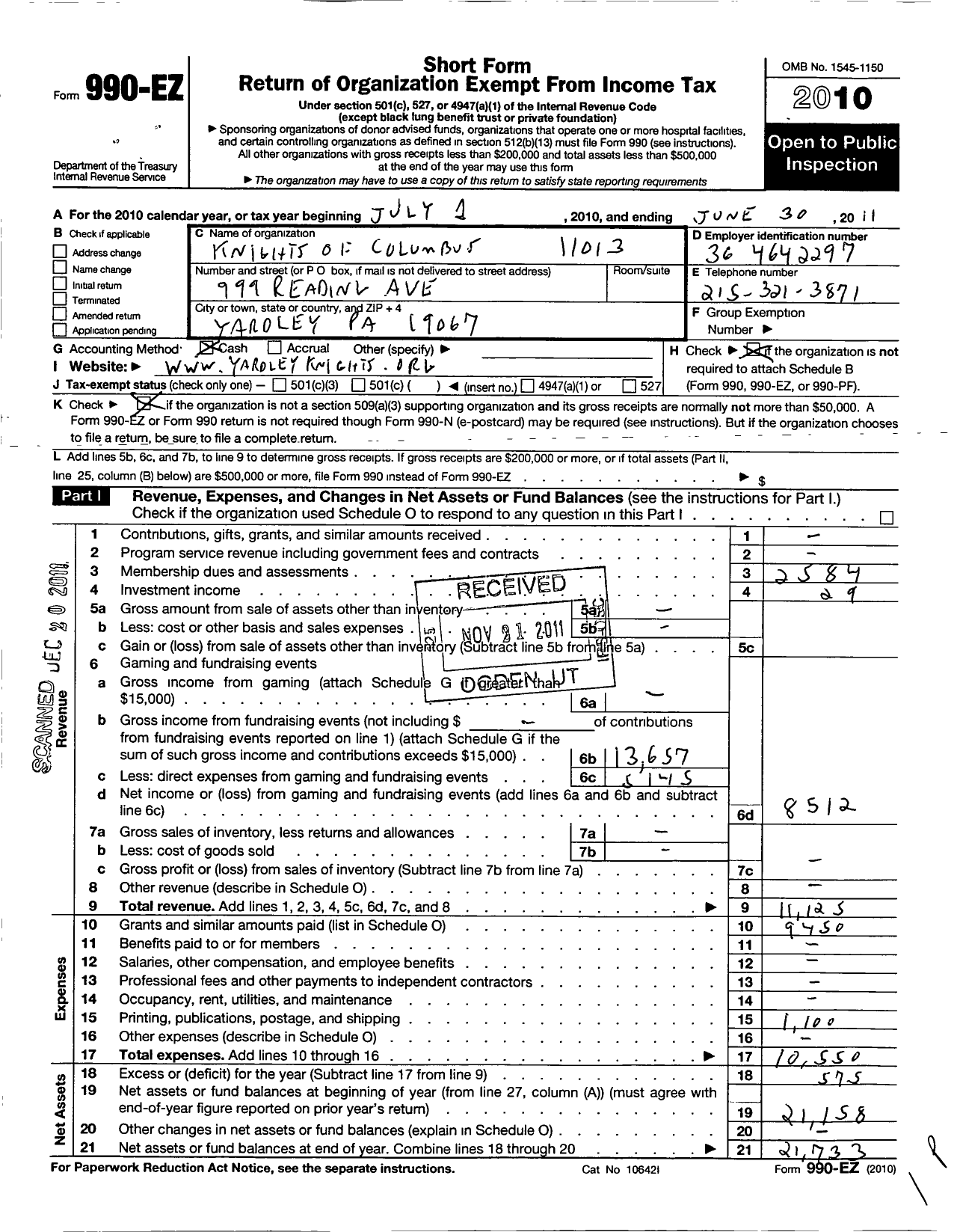 Image of first page of 2010 Form 990EO for Knights of Columbus - 11013 FR James J Mccafferty Council