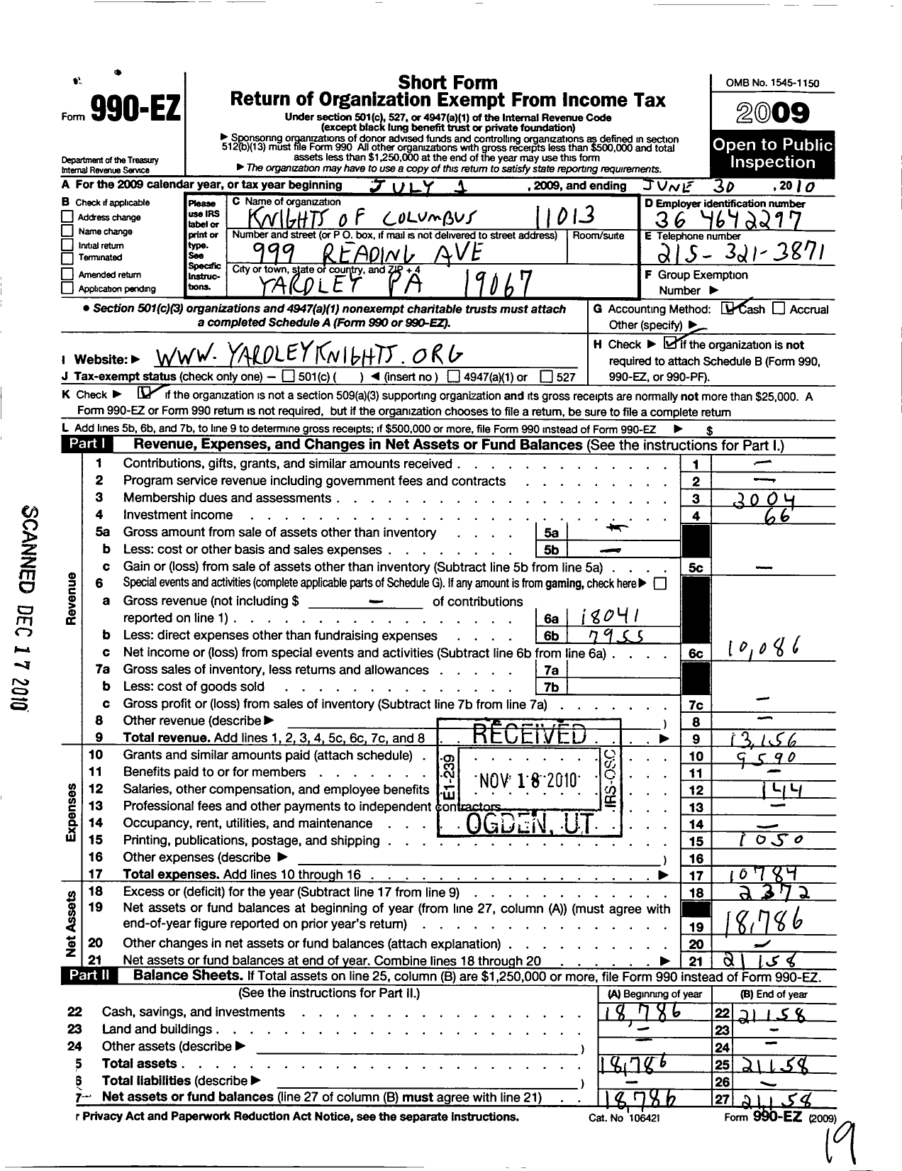 Image of first page of 2009 Form 990EO for Knights of Columbus - 11013 FR James J Mccafferty Council