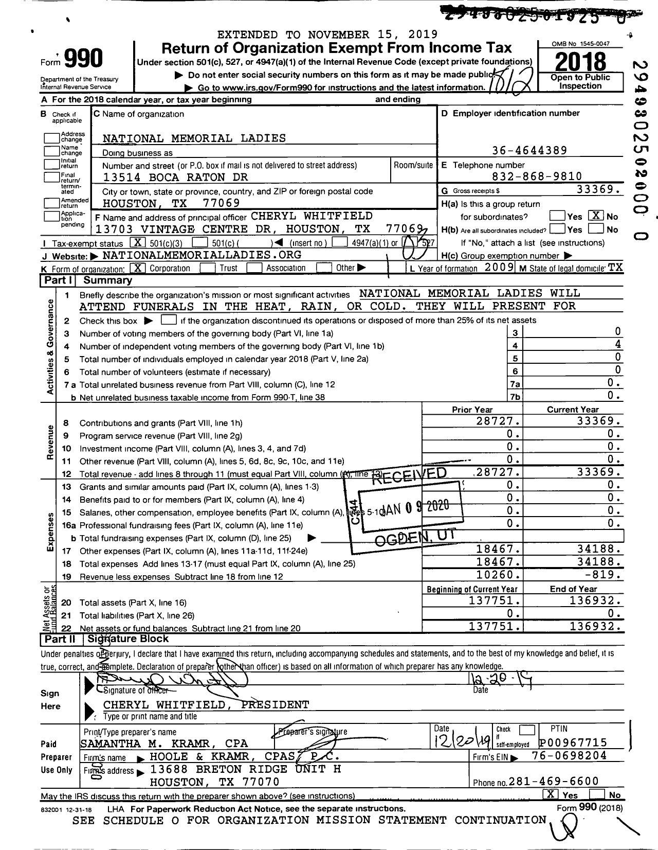 Image of first page of 2018 Form 990 for National Memorial Ladies