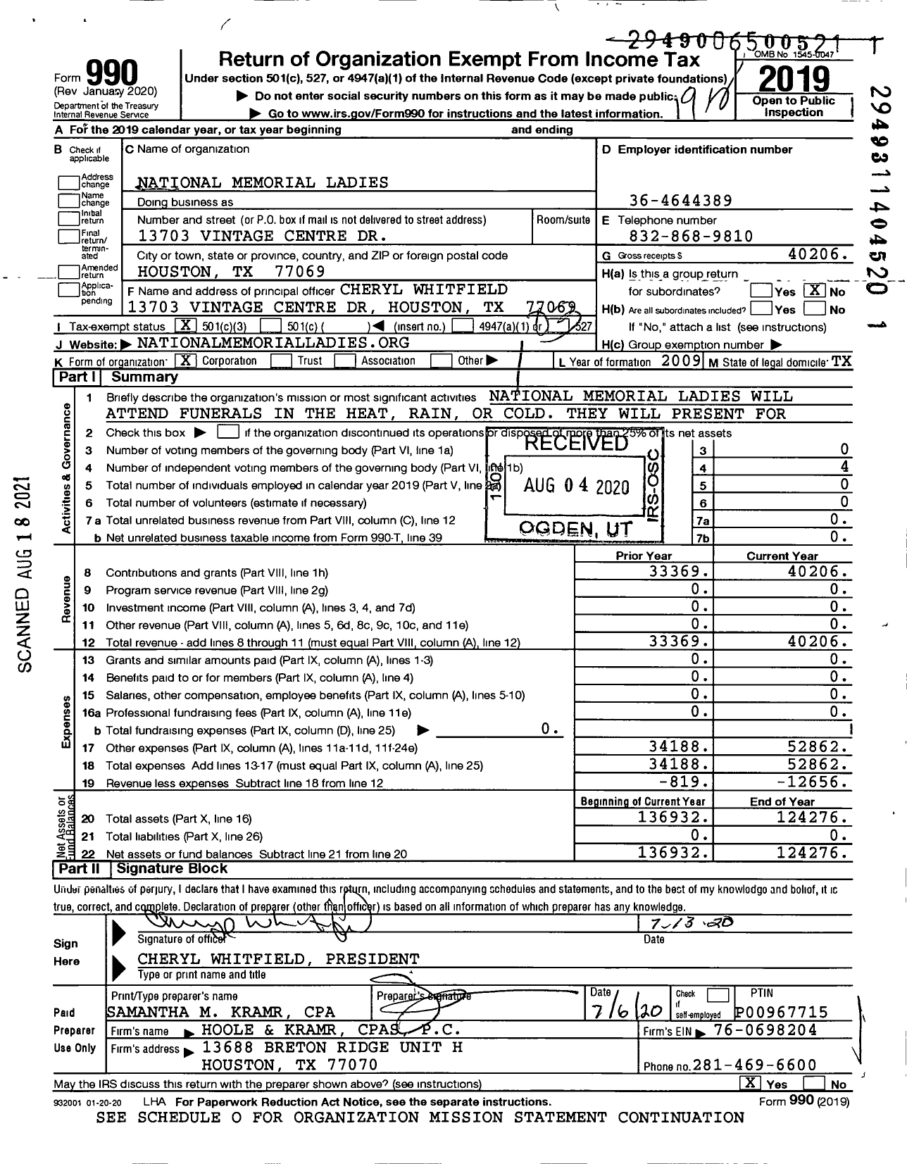 Image of first page of 2019 Form 990 for National Memorial Ladies