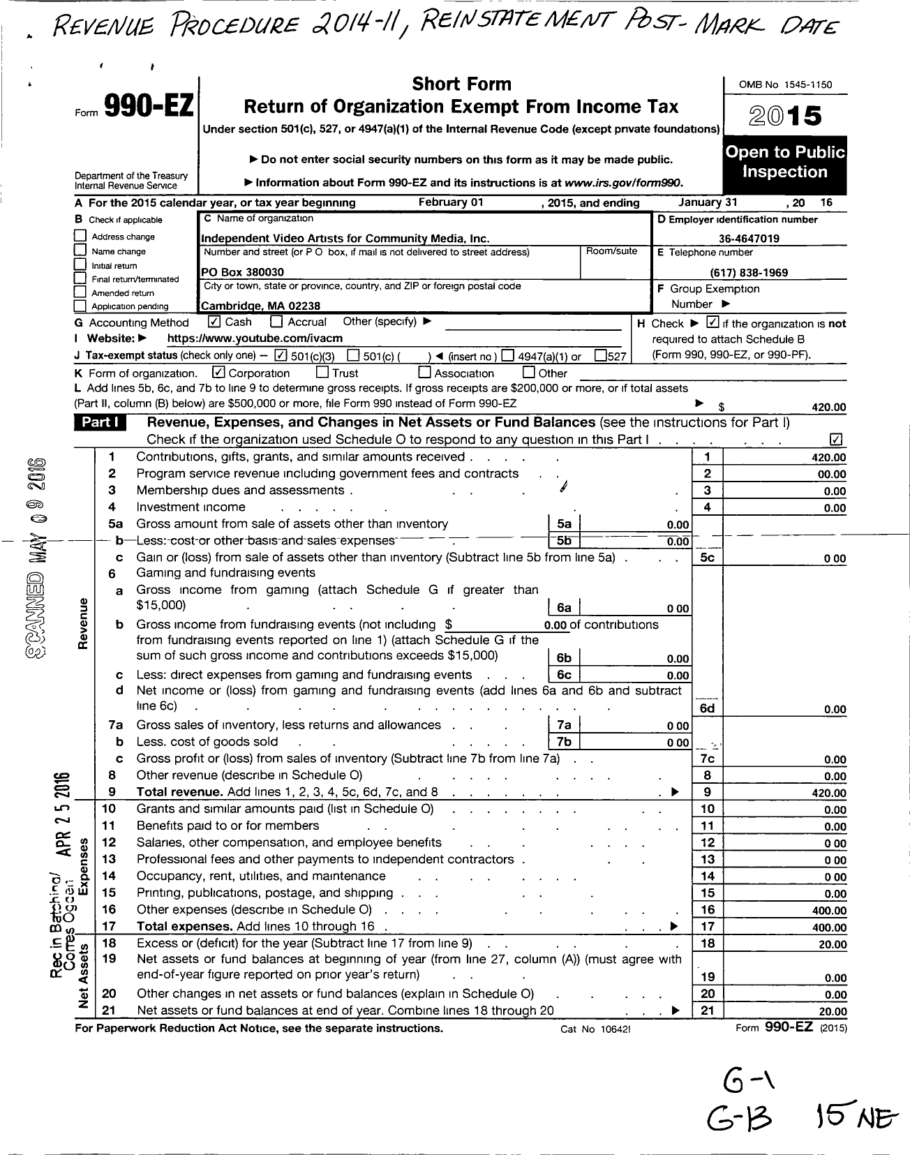 Image of first page of 2015 Form 990EZ for Independent Video Artists for Community Media