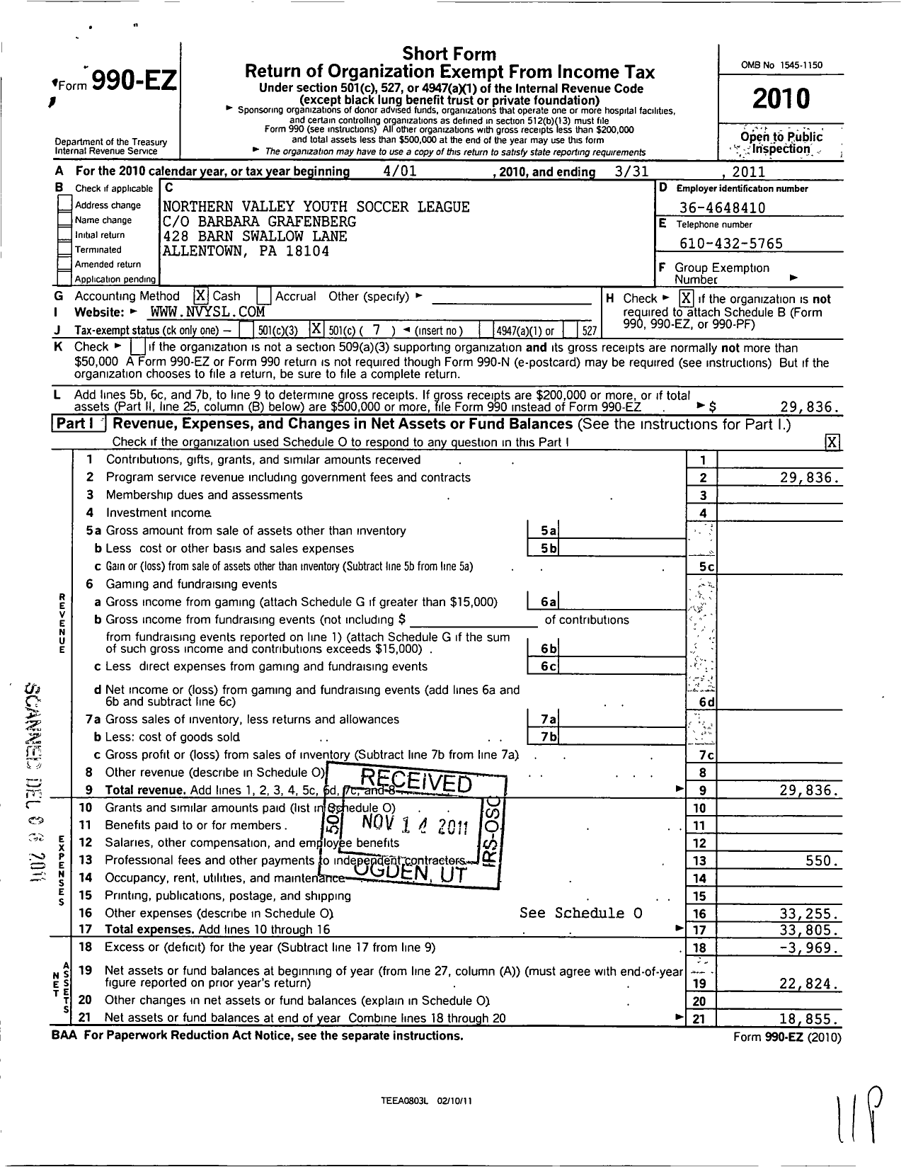 Image of first page of 2010 Form 990EO for Northern Valley Youth Soccer League