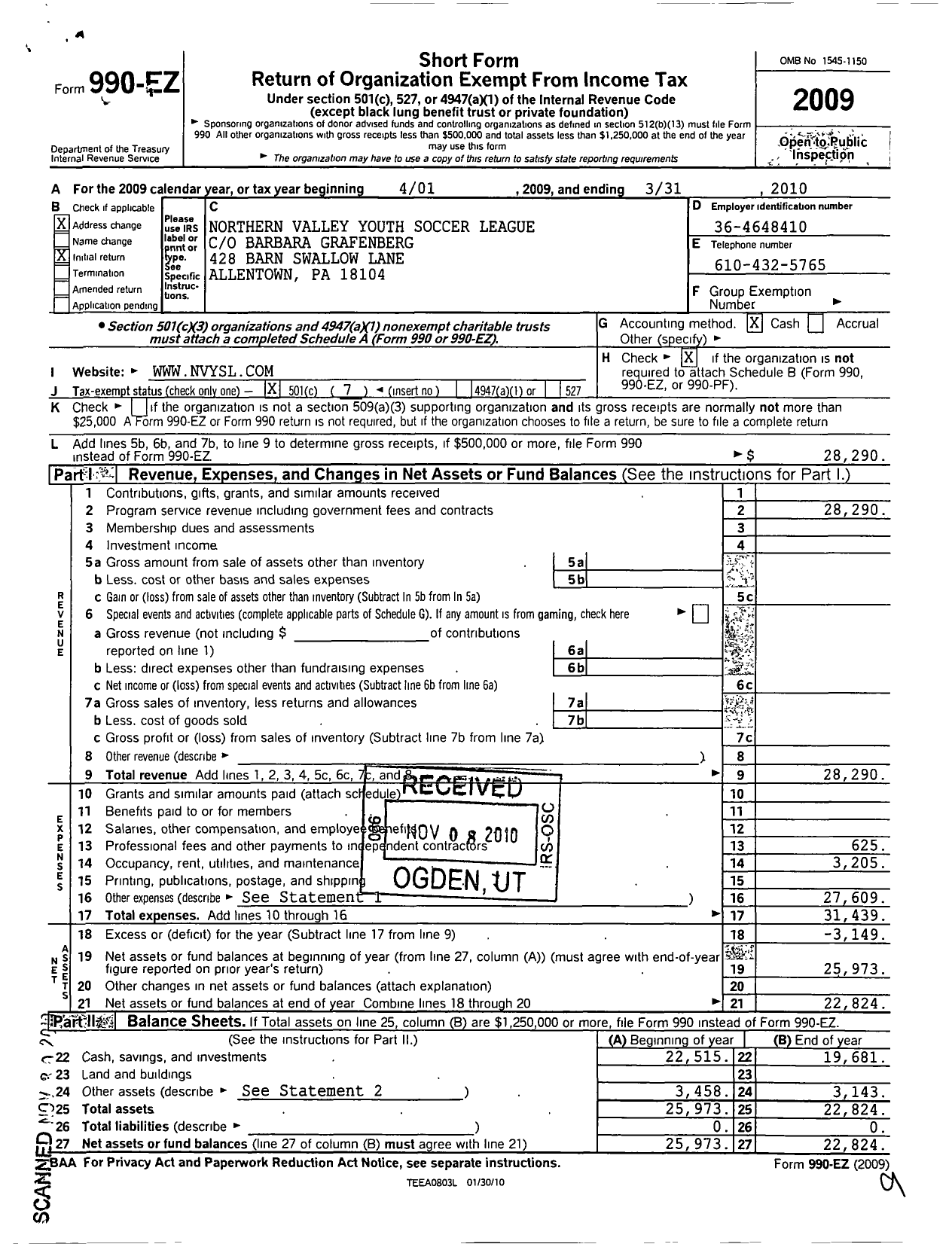 Image of first page of 2009 Form 990EO for Northern Valley Youth Soccer League