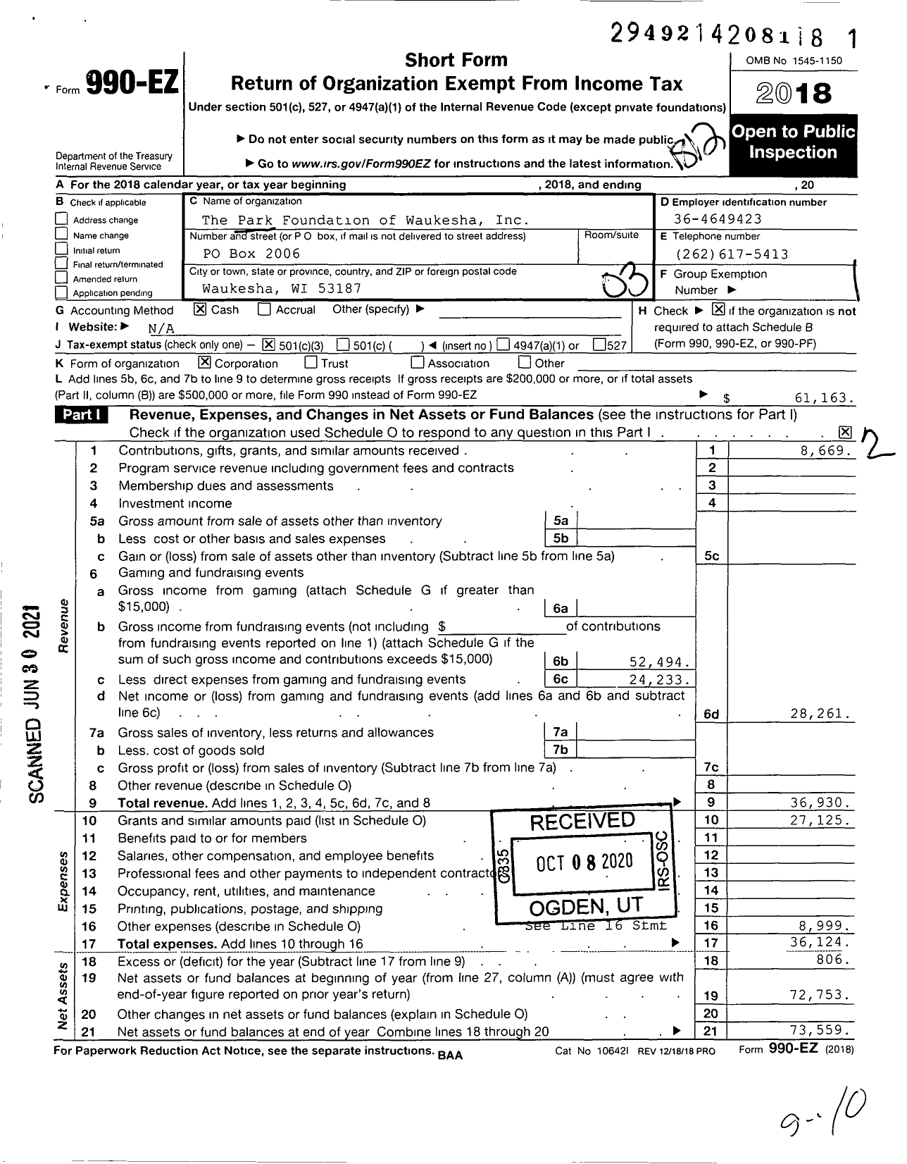 Image of first page of 2018 Form 990EZ for The Park Foundation of Waukesha