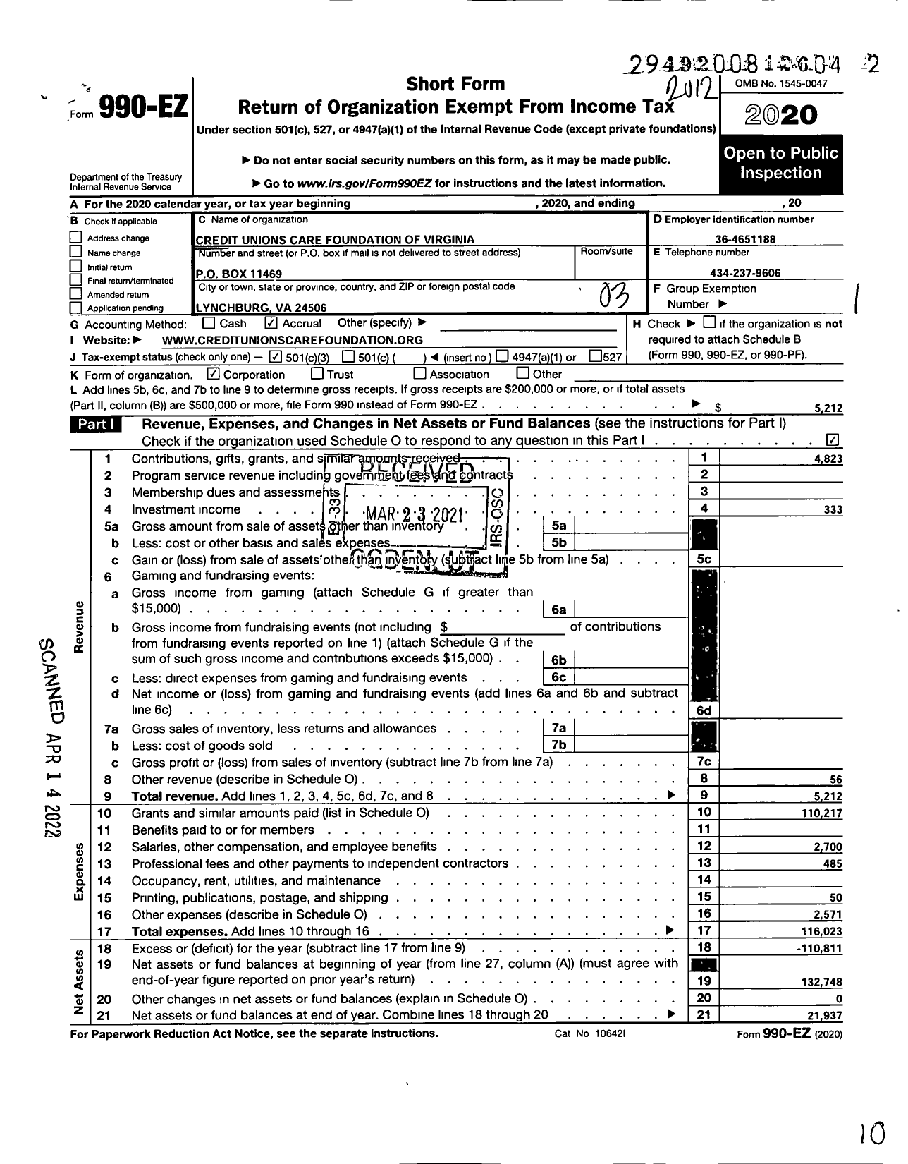 Image of first page of 2020 Form 990EZ for Credit Unions Care Foundation of Virginia