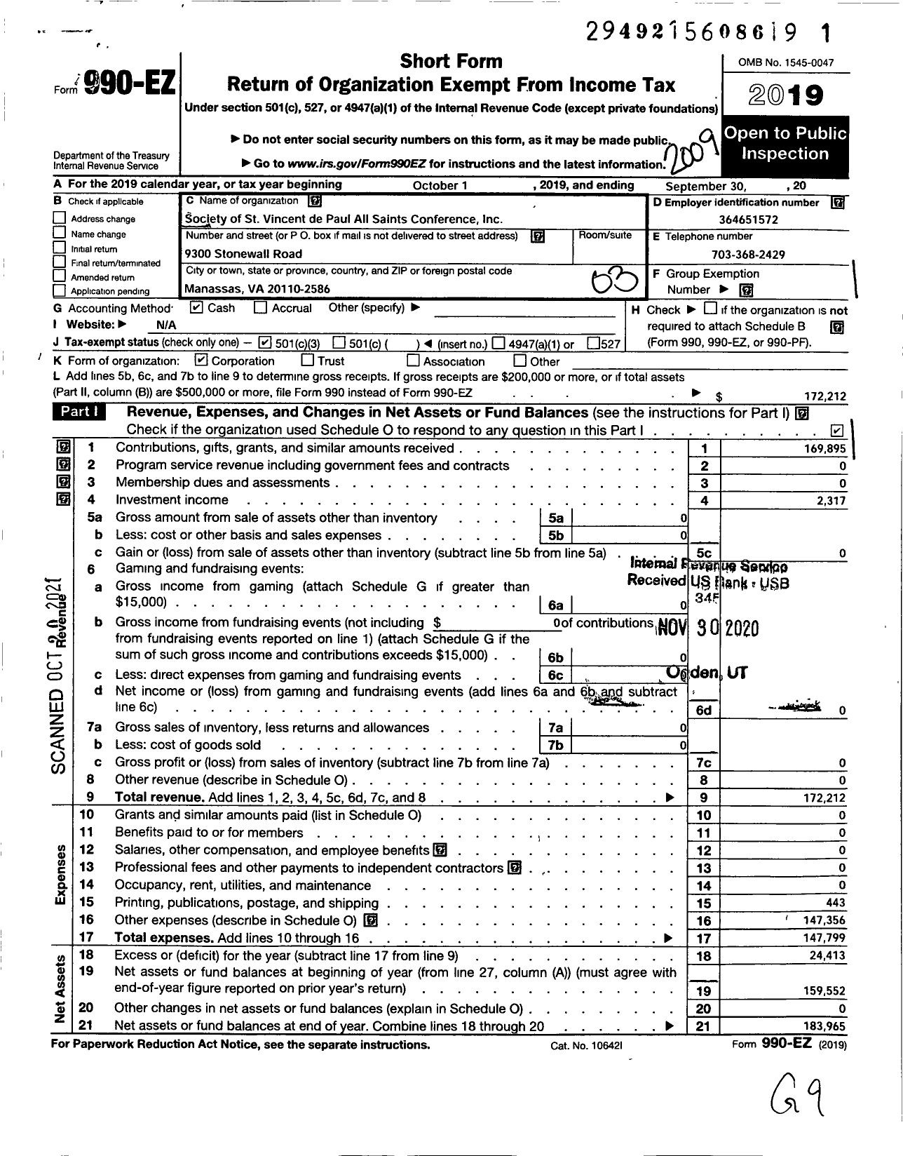 Image of first page of 2019 Form 990EZ for Society of St Vincent de Paul All Saints Conference