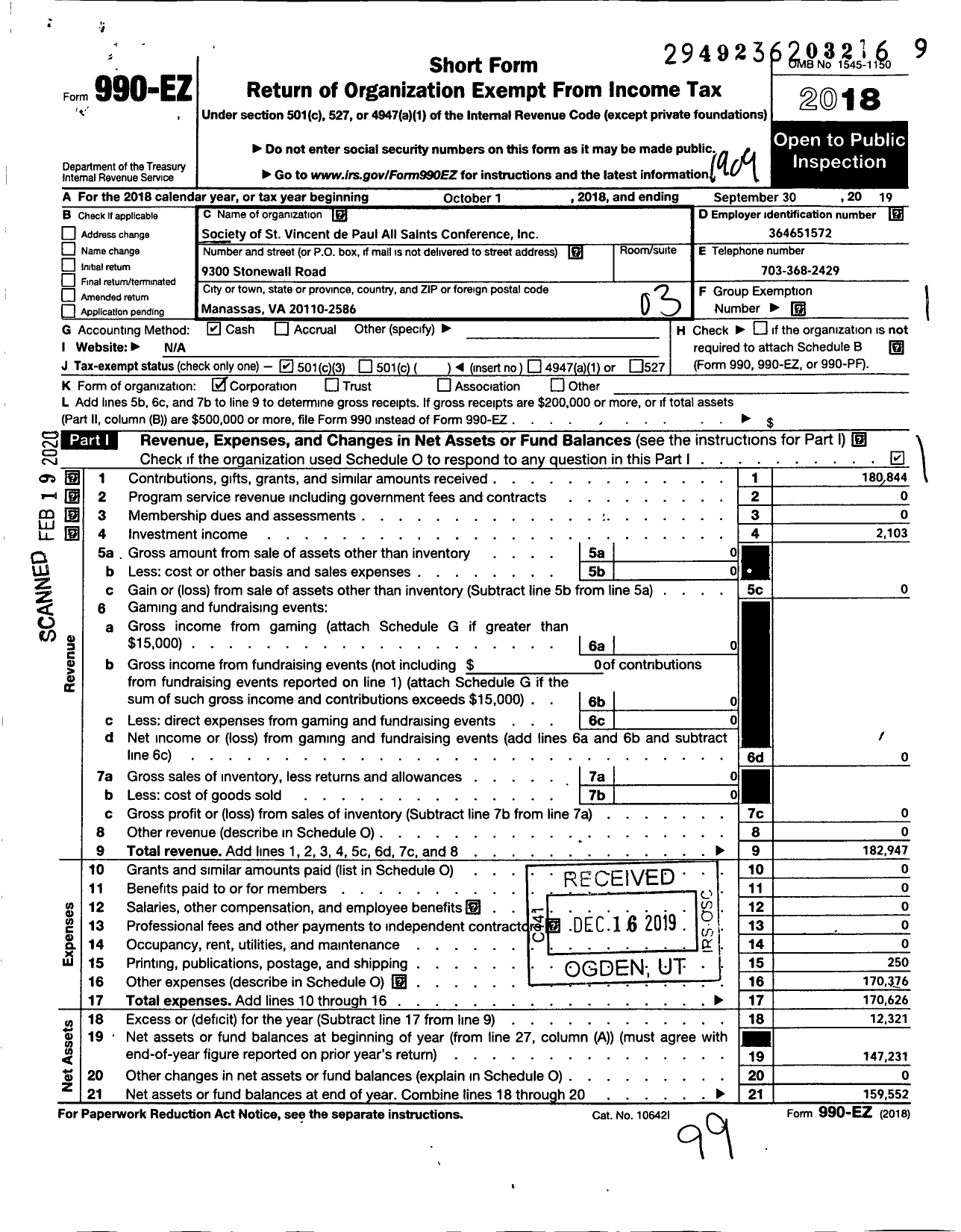 Image of first page of 2018 Form 990EZ for Society of St Vincent de Paul All Saints Conference