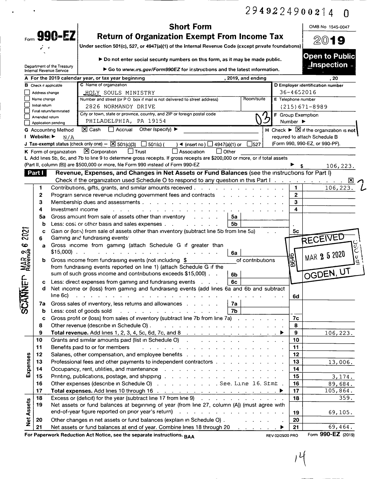 Image of first page of 2019 Form 990EZ for Holy Souls Ministry