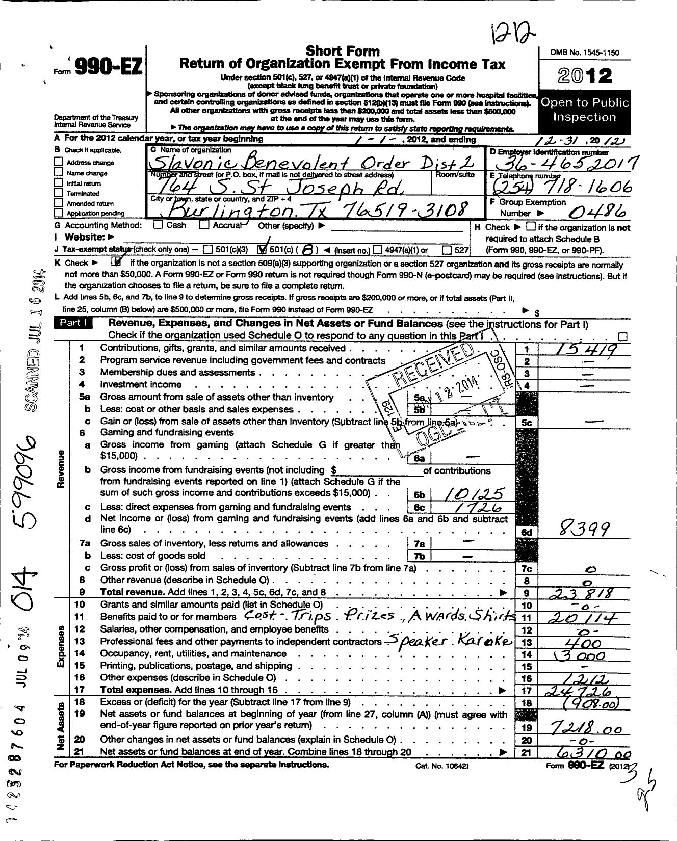 Image of first page of 2012 Form 990EO for Slavonic Benevolent Order of the State of Texas - District 2