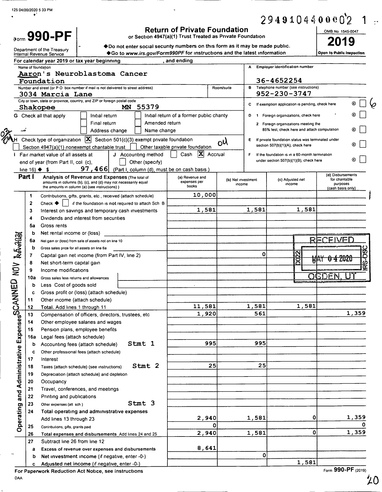 Image of first page of 2019 Form 990PF for Aaron's Neuroblastoma Cancer Foundation