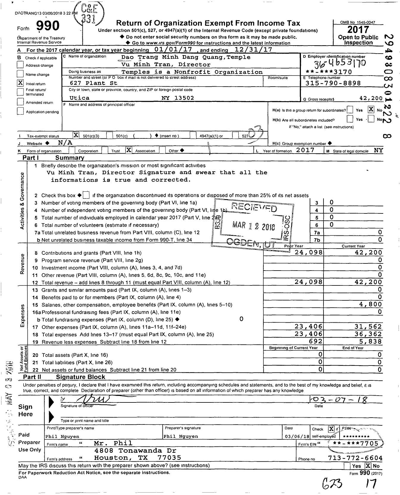 Image of first page of 2017 Form 990 for Dao Trang Minh Dang Quang Temple Temple #1