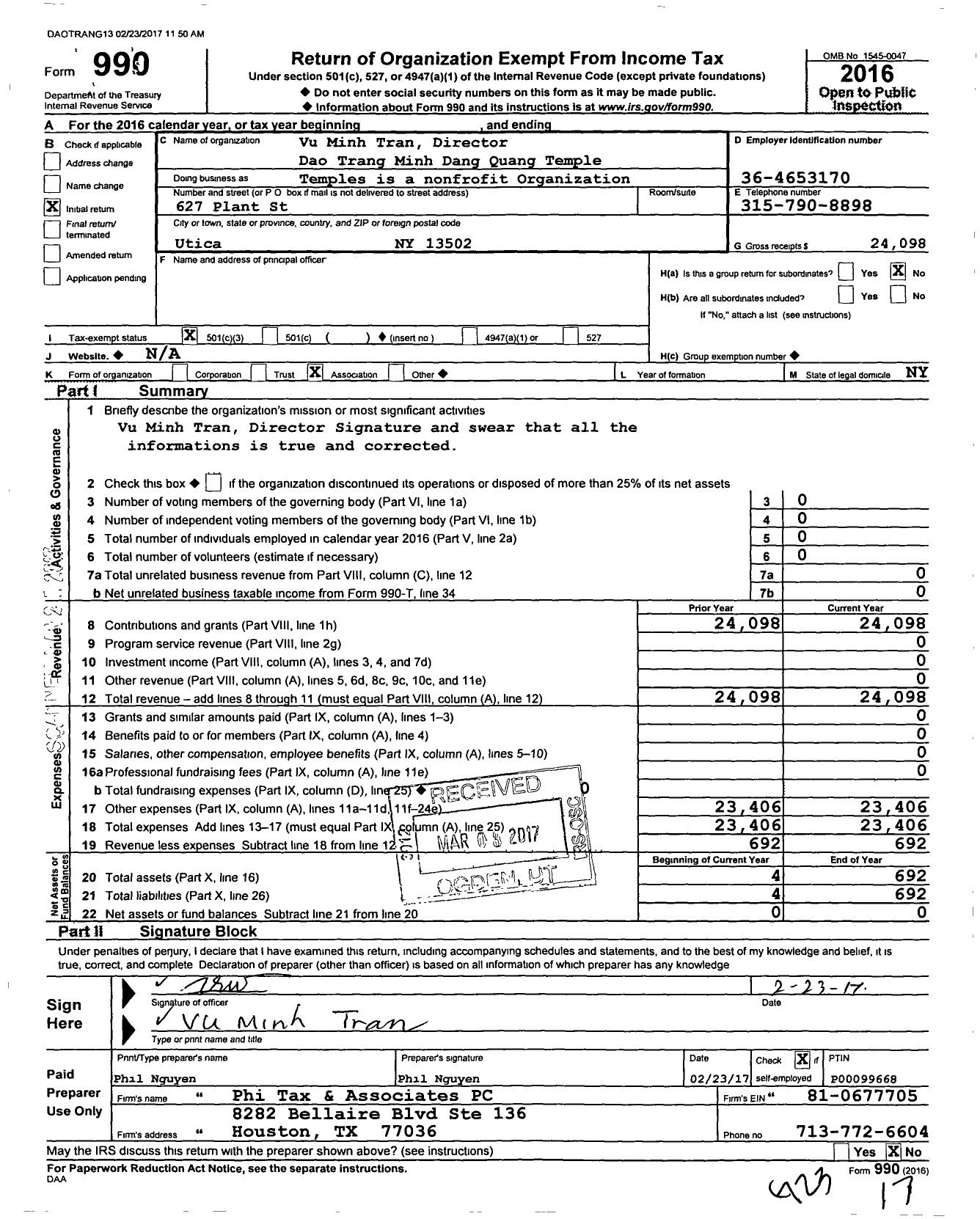 Image of first page of 2016 Form 990 for Dao Trang Minh Dang Quang Temple Temple #1