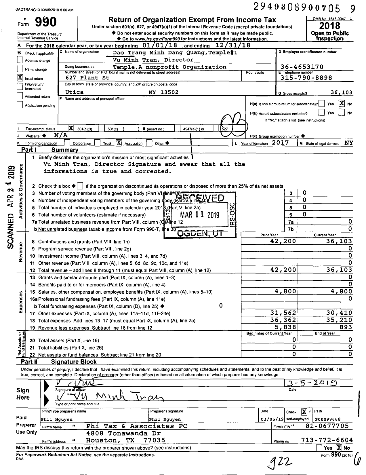 Image of first page of 2018 Form 990 for Dao Trang Minh Dang Quang Temple Temple #1