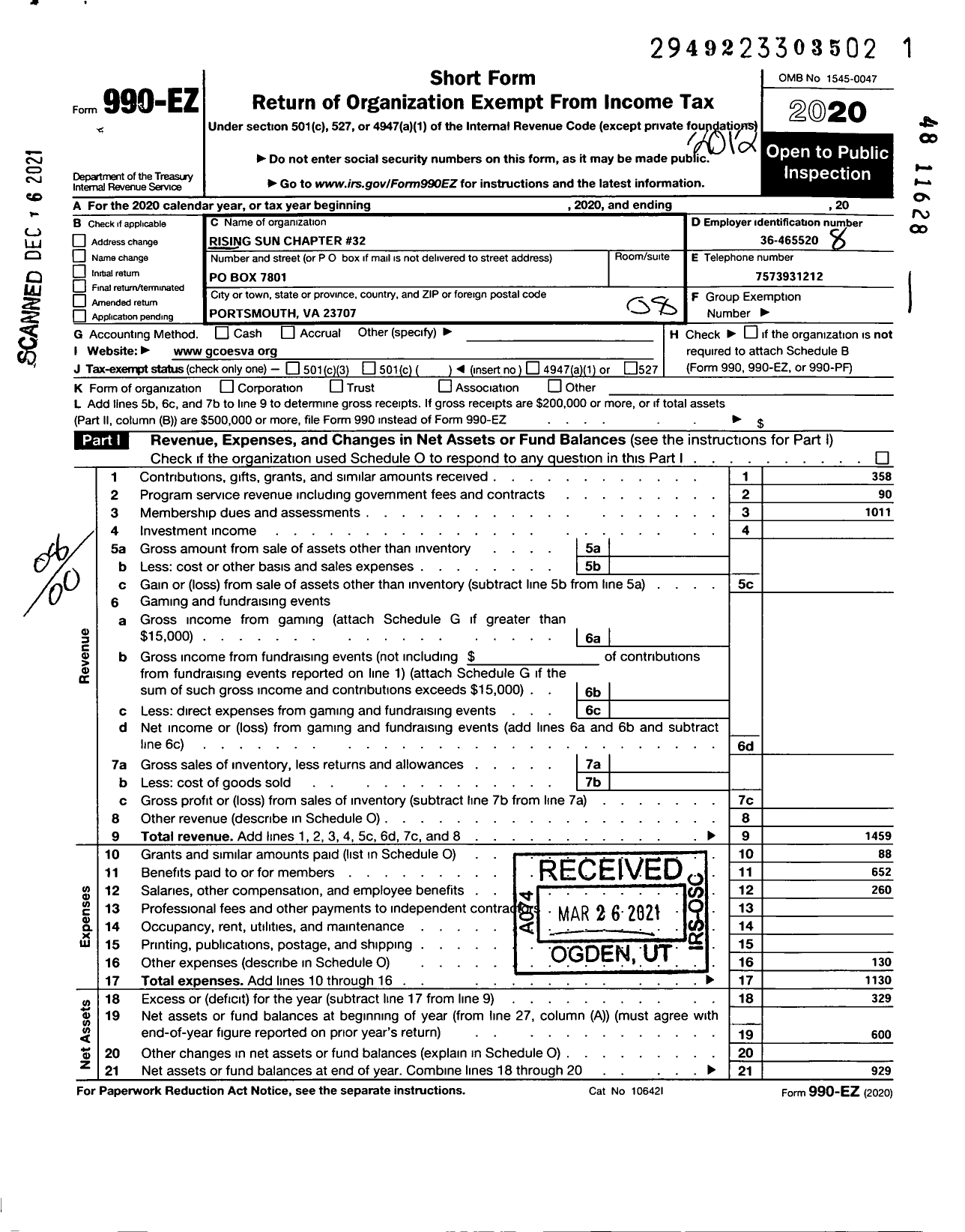 Image of first page of 2020 Form 990EO for Grand Order of the Eastern Star of Virginia Pha - 32 Rising Sun Chapter