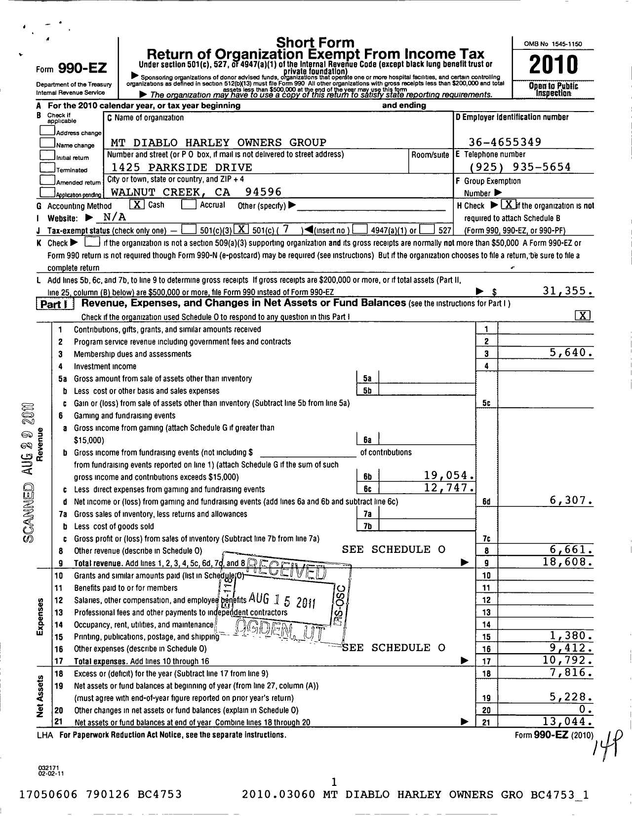 Image of first page of 2010 Form 990EO for MT Diablo Harley Owners Group