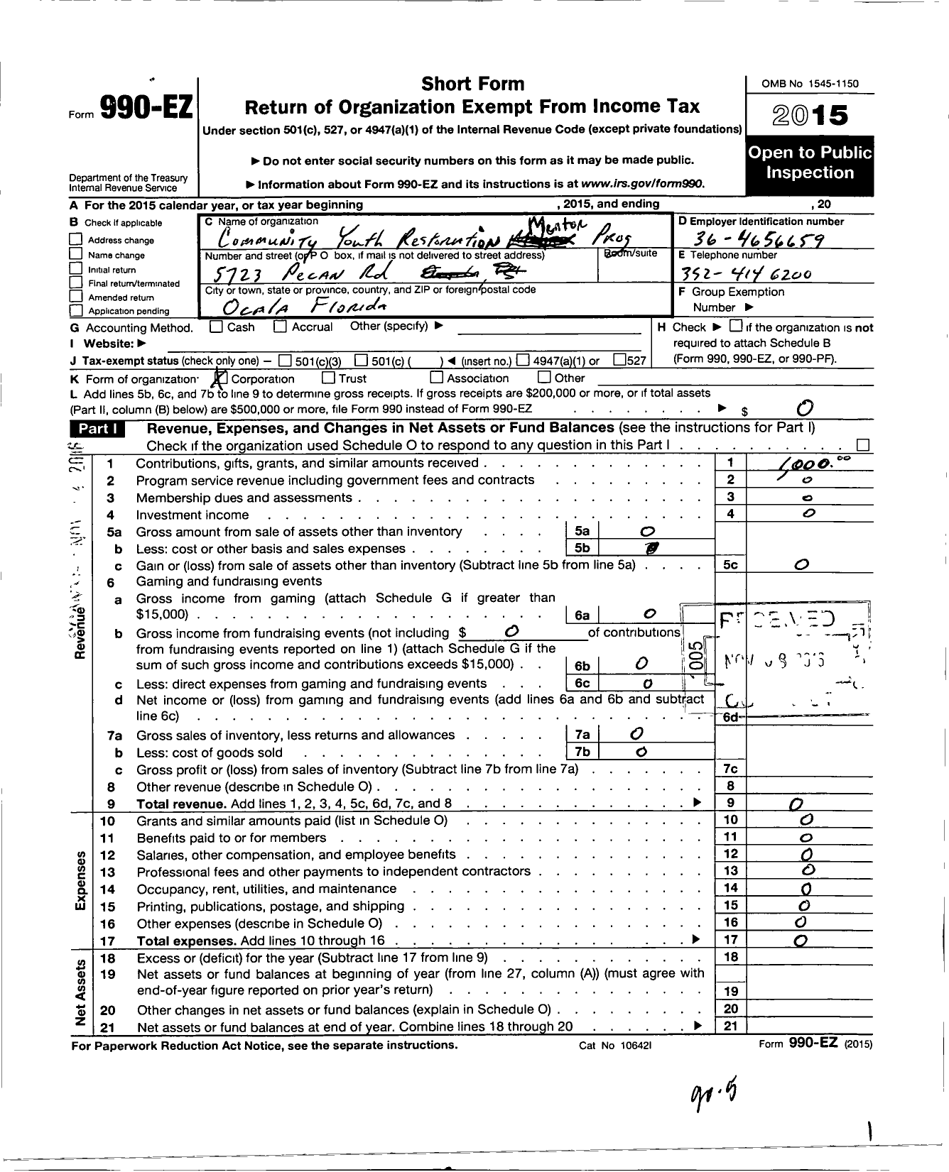 Image of first page of 2015 Form 990EO for Community Youth Restoration Mentor Prog