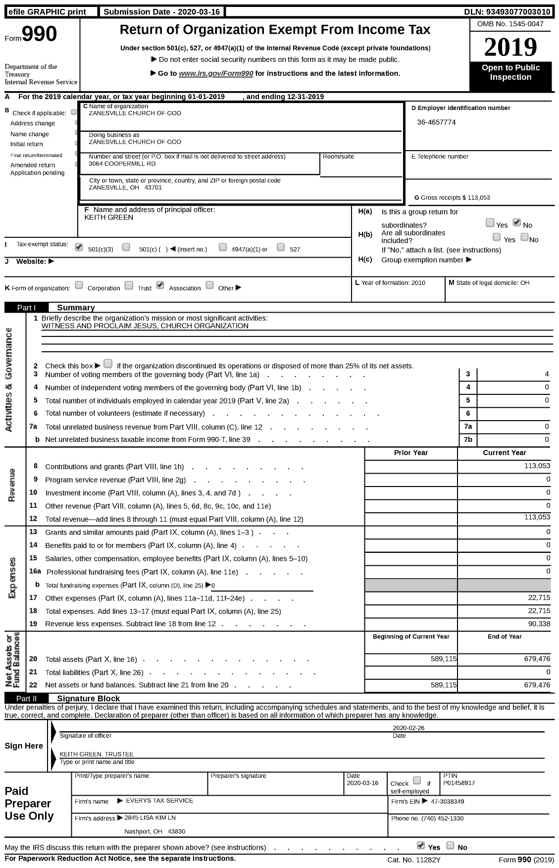 Image of first page of 2019 Form 990 for Zanesville Church of God