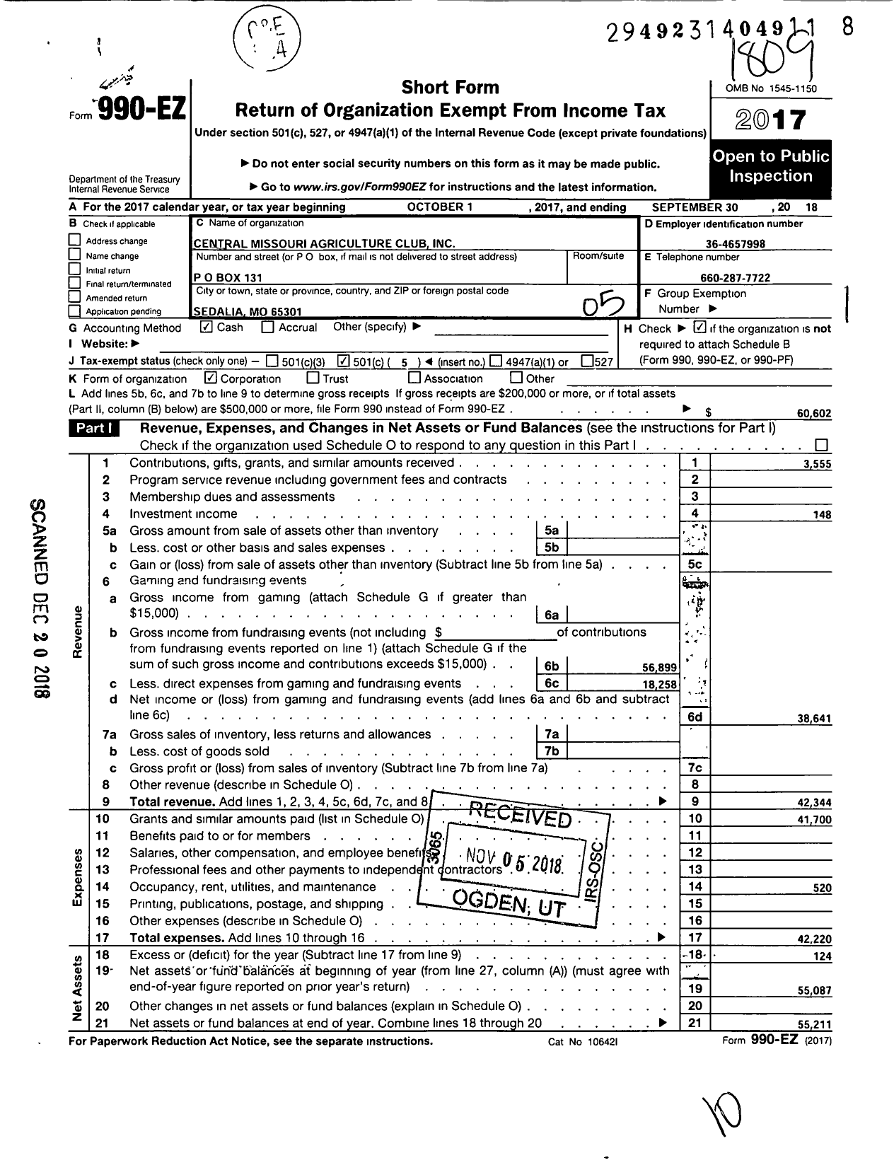 Image of first page of 2017 Form 990EO for Central Missouri Agriculture Club