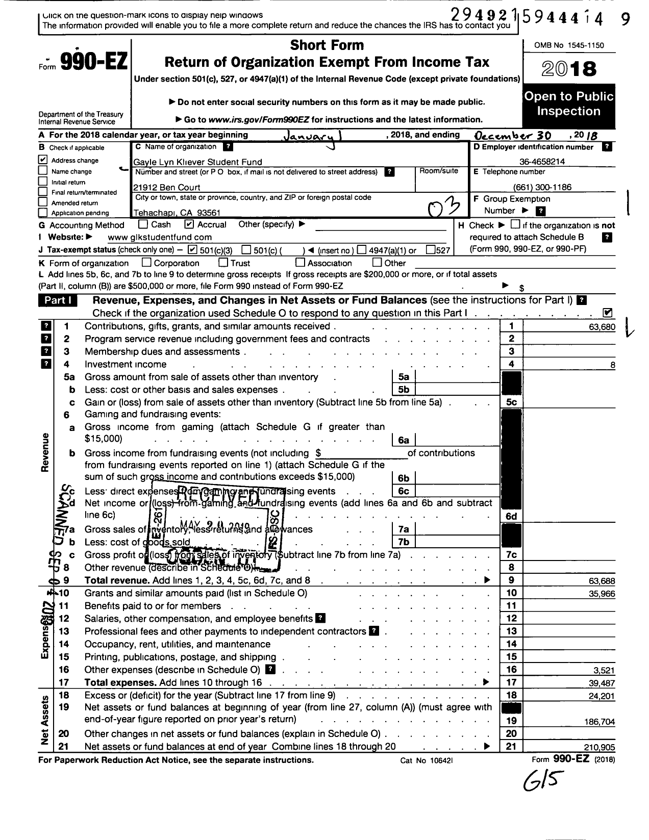 Image of first page of 2018 Form 990EZ for Gayle Lyn Kliever Student Fund