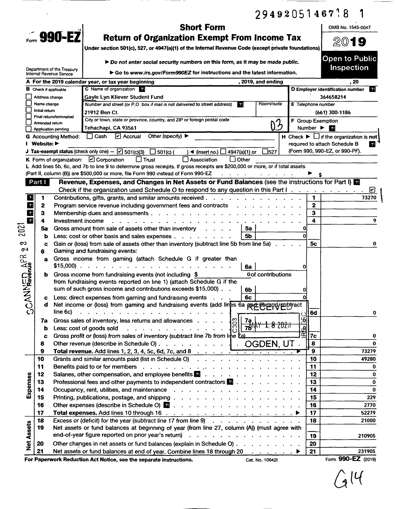 Image of first page of 2019 Form 990EZ for Gayle Lyn Kliever Student Fund