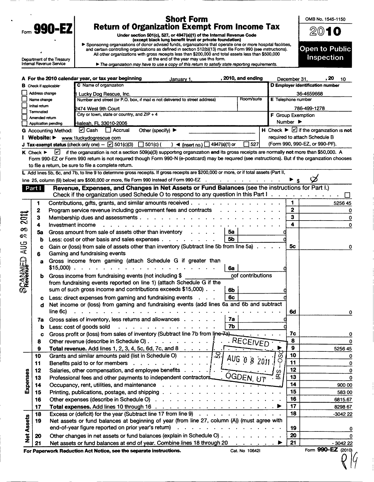 Image of first page of 2010 Form 990EZ for 1 Lucky Dog Rescue