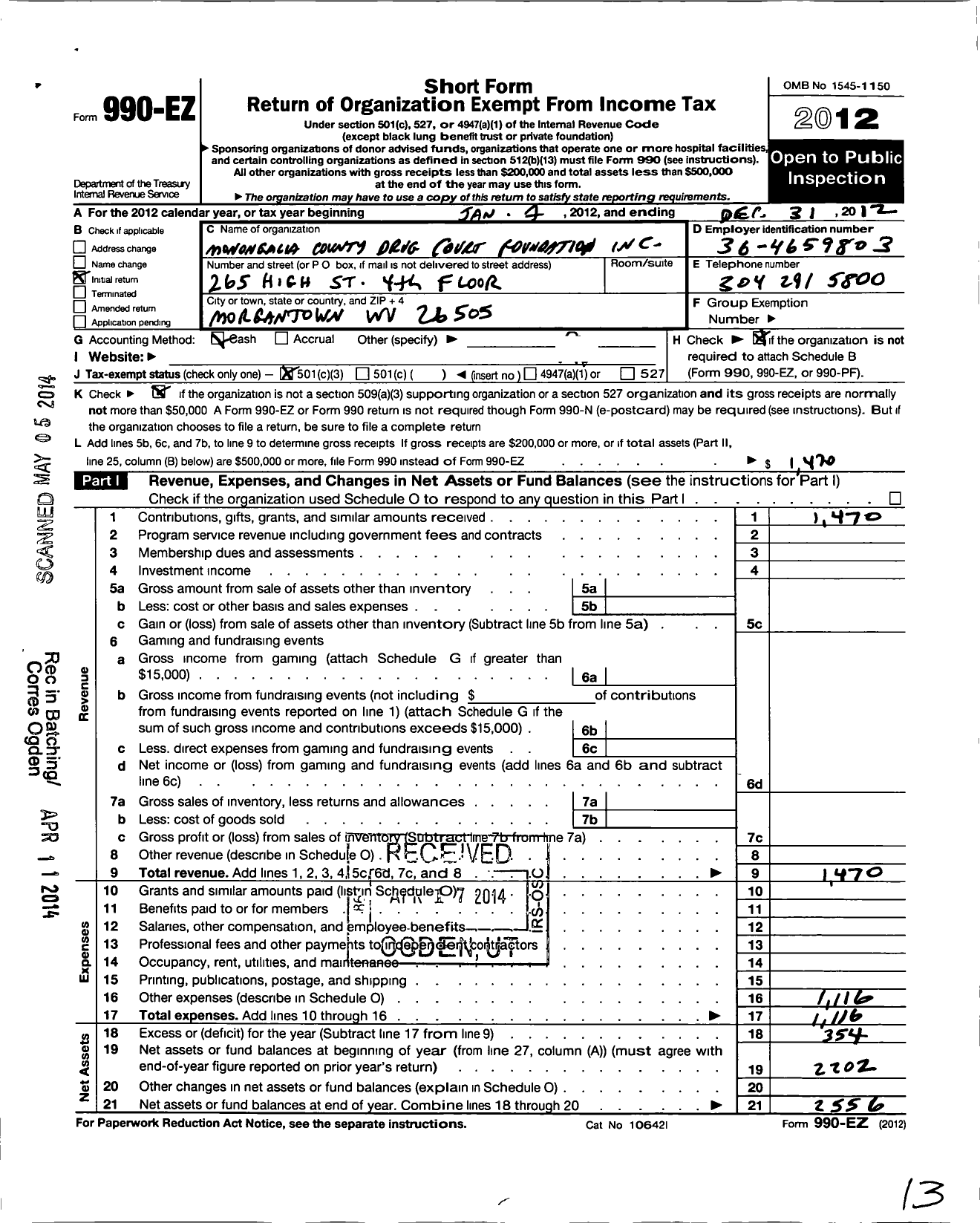 Image of first page of 2012 Form 990EZ for Monongalia County Drug Court Foundation