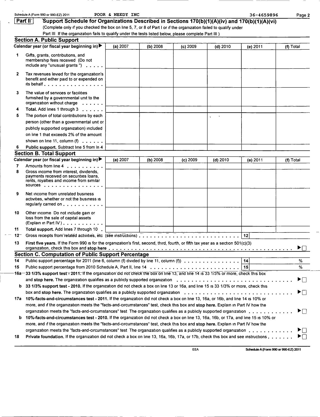 Image of first page of 2011 Form 990EZ for Poor and Needy