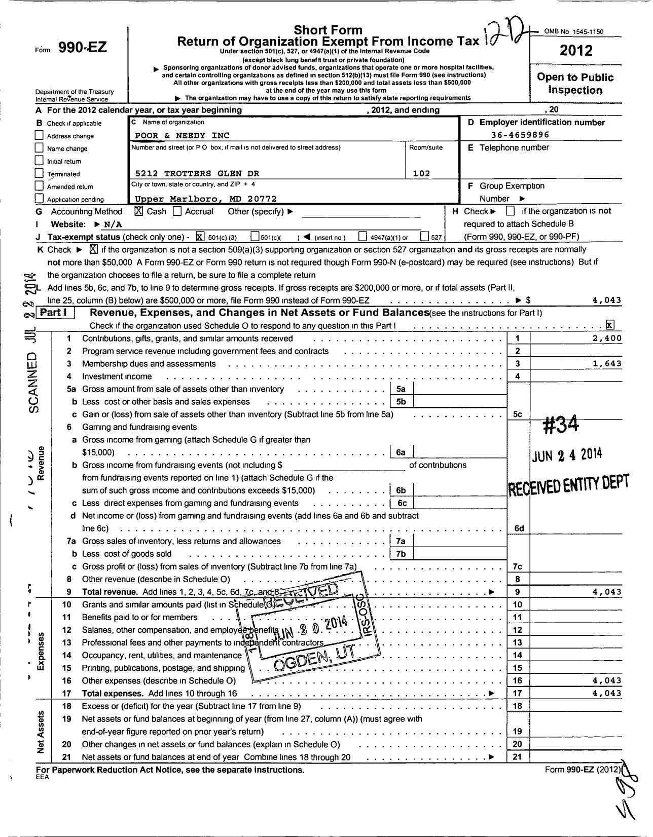 Image of first page of 2012 Form 990EZ for Poor and Needy