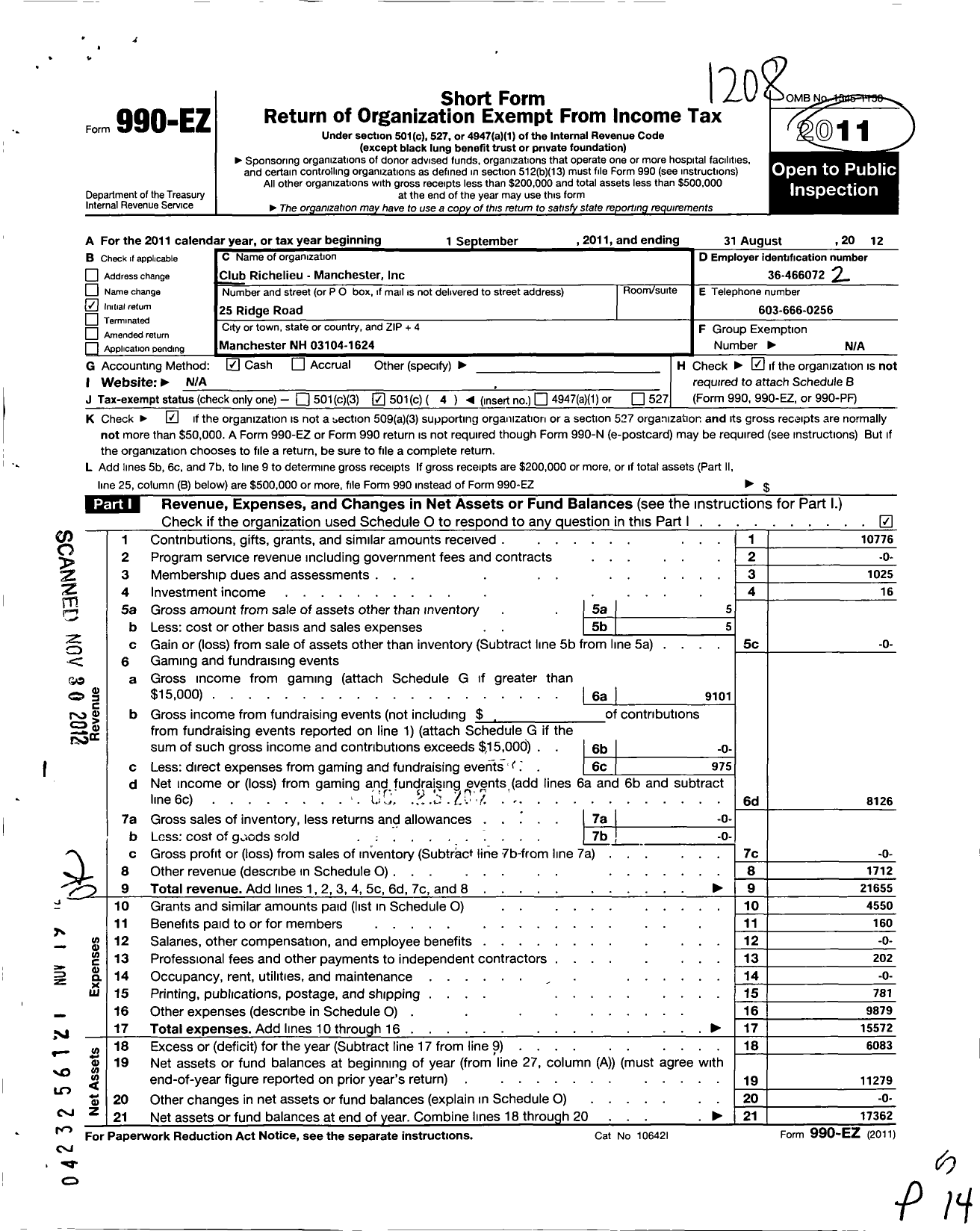 Image of first page of 2011 Form 990EO for Club Richelieu Manchester