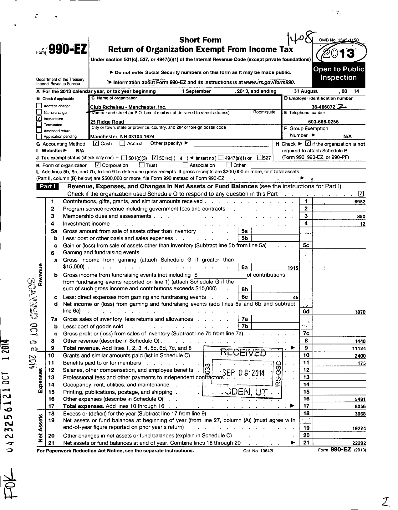 Image of first page of 2013 Form 990EO for Club Richelieu Manchester