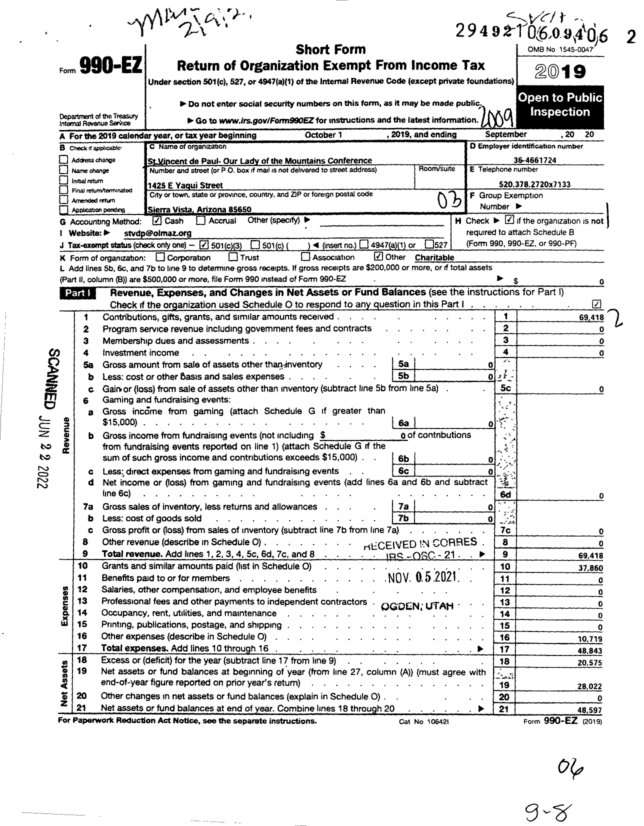 Image of first page of 2019 Form 990EZ for St Vincent de Paul Our Lady of the Mountains Conference