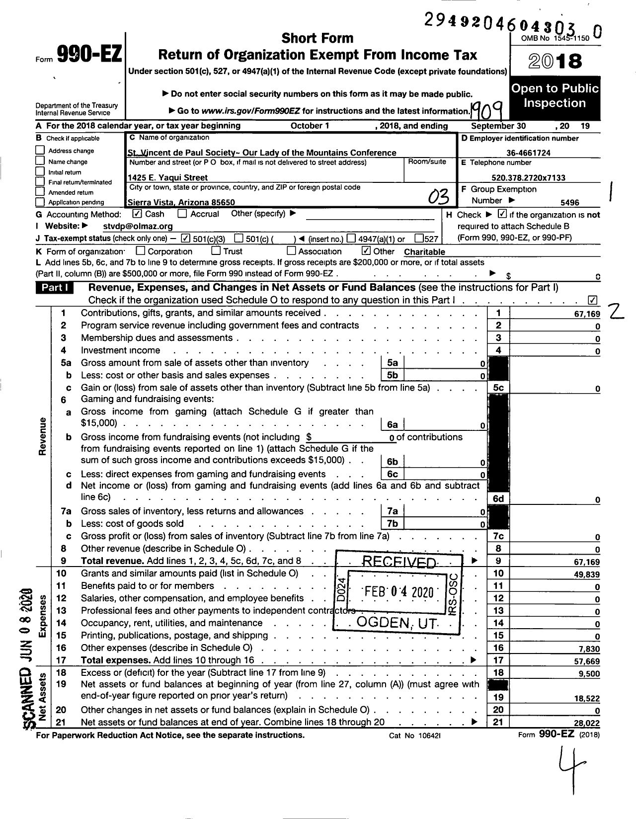 Image of first page of 2018 Form 990EZ for St Vincent de Paul Our Lady of the Mountains Conference