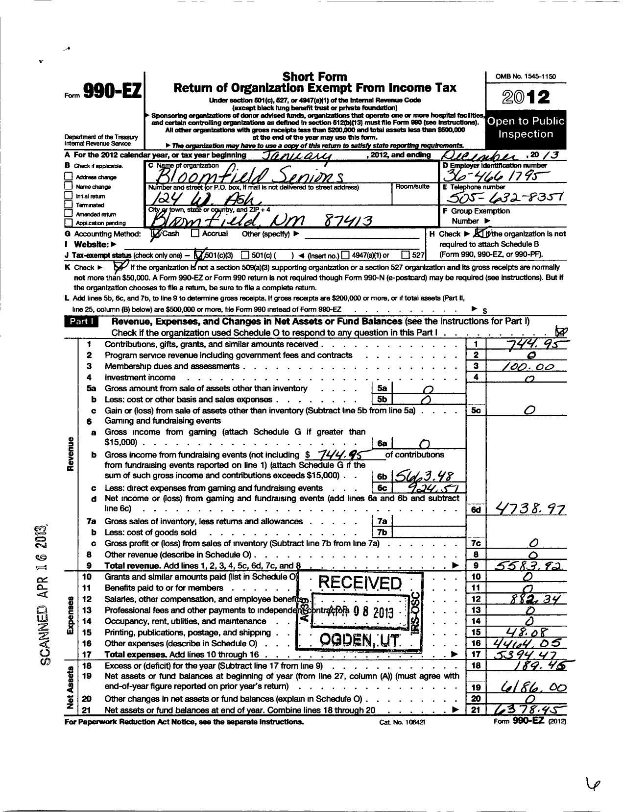 Image of first page of 2012 Form 990EZ for Bloomfield Seniors