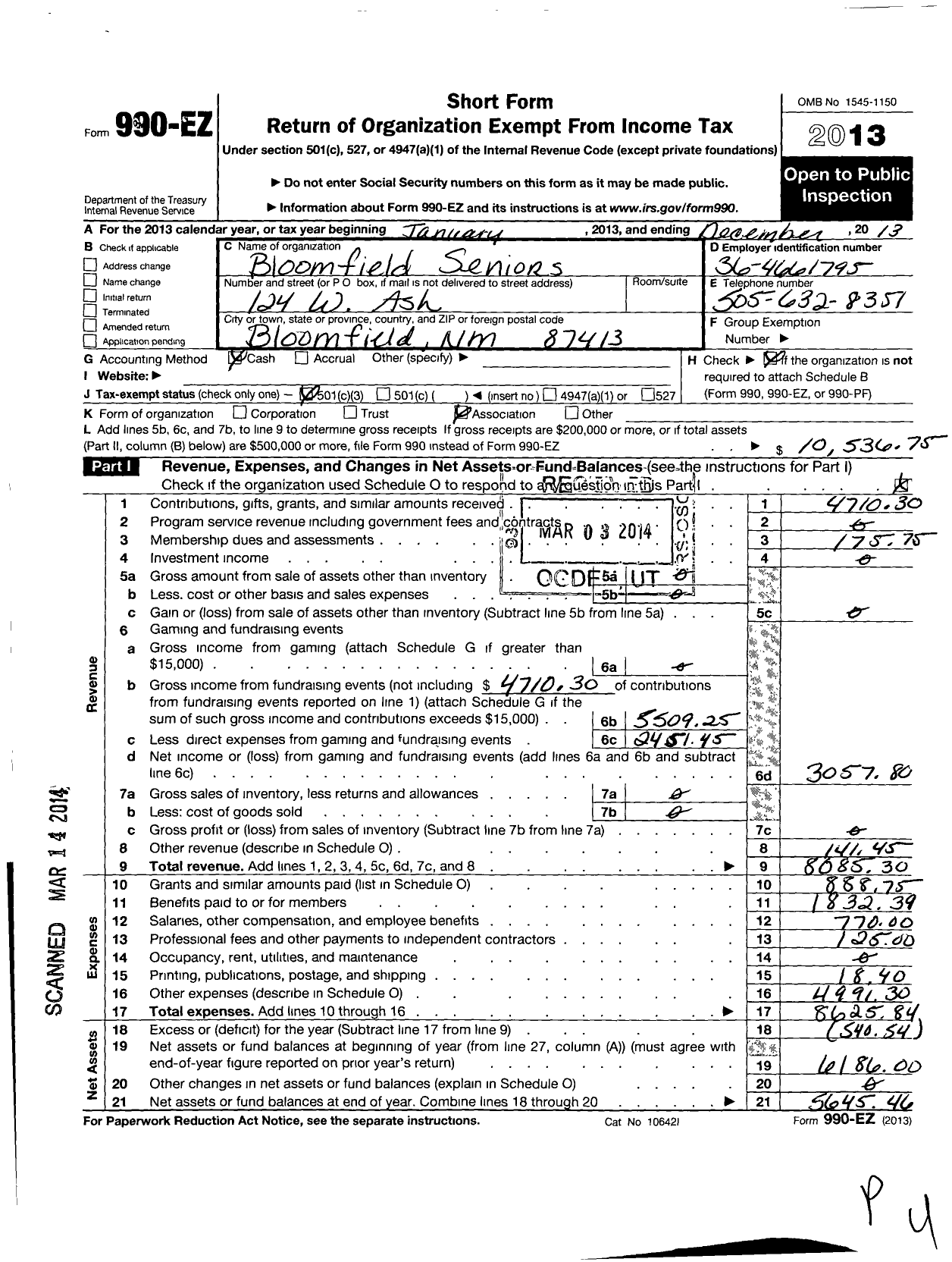 Image of first page of 2013 Form 990EZ for Bloomfield Seniors