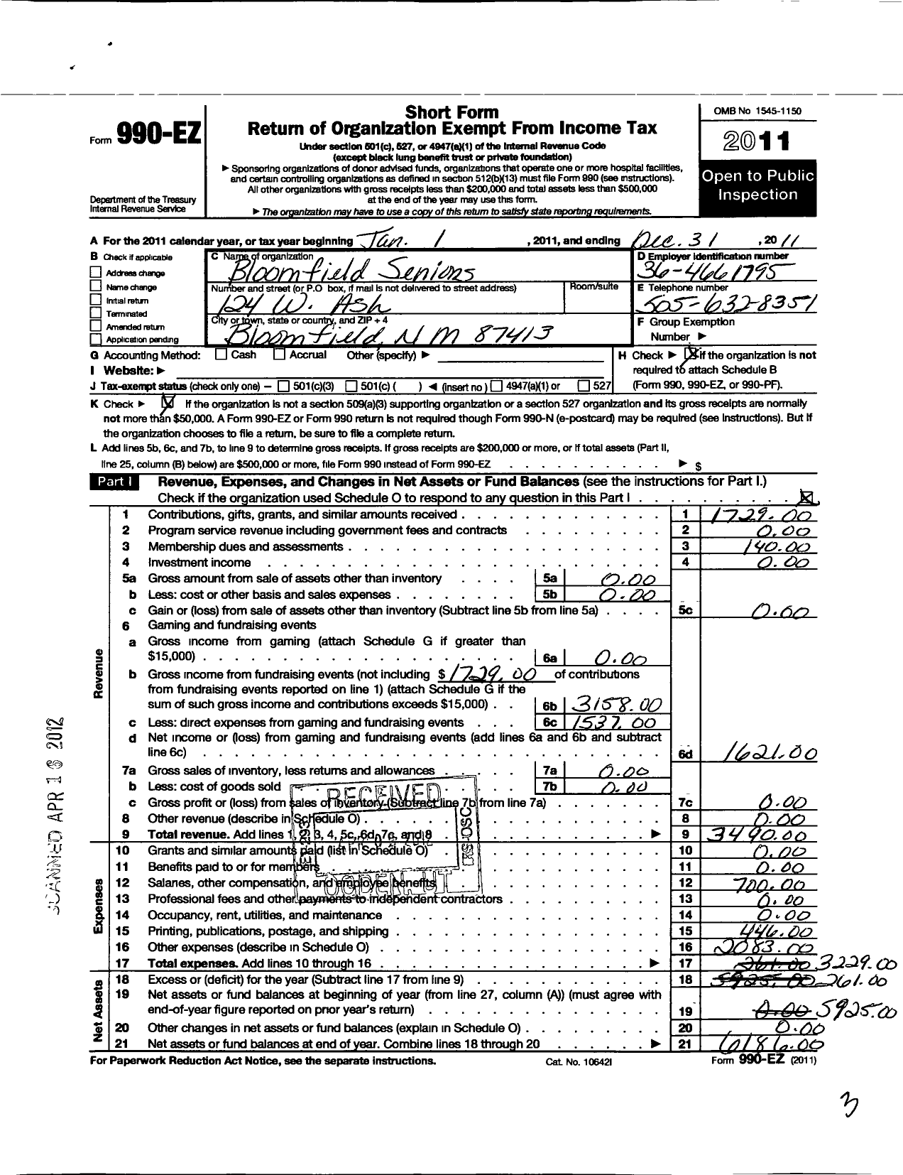 Image of first page of 2011 Form 990EO for Bloomfield Seniors