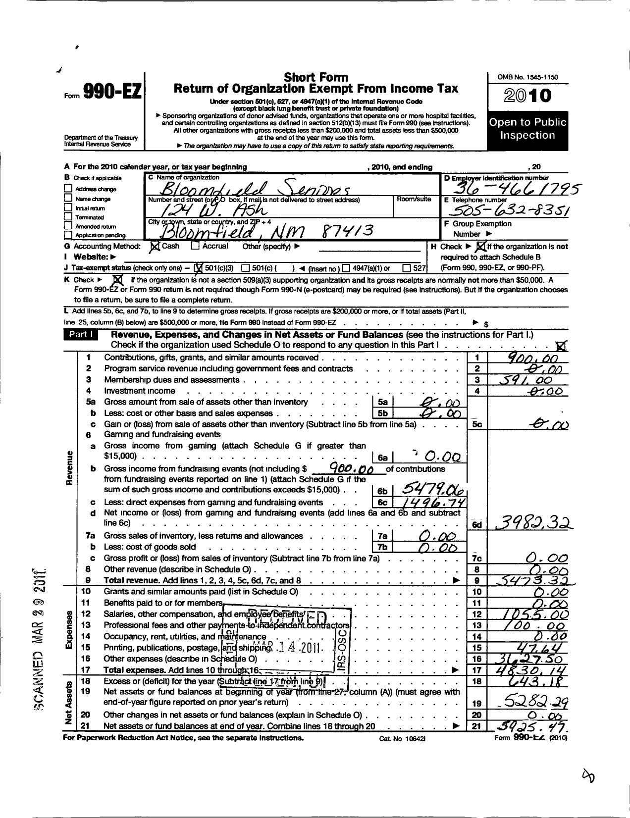 Image of first page of 2010 Form 990EZ for Bloomfield Seniors