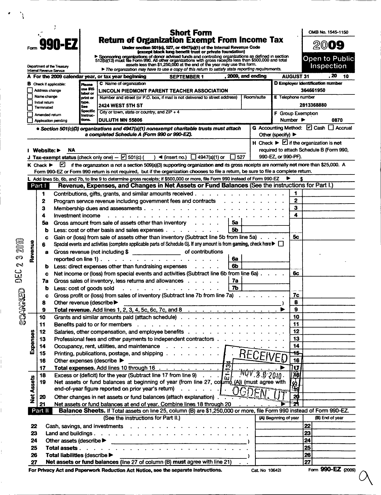 Image of first page of 2009 Form 990EO for Piedmont PTA