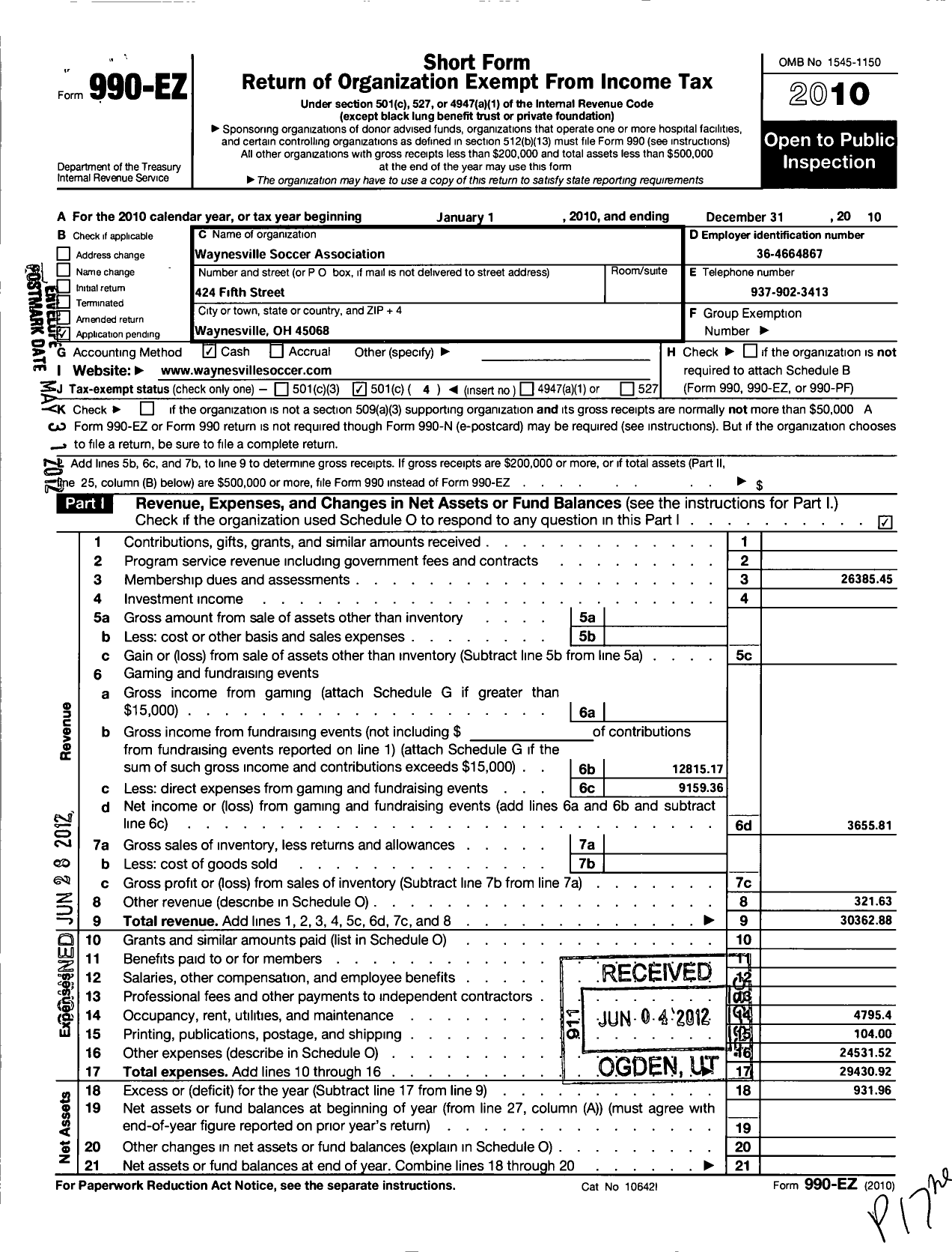 Image of first page of 2010 Form 990EO for Waynesville Soccer Association