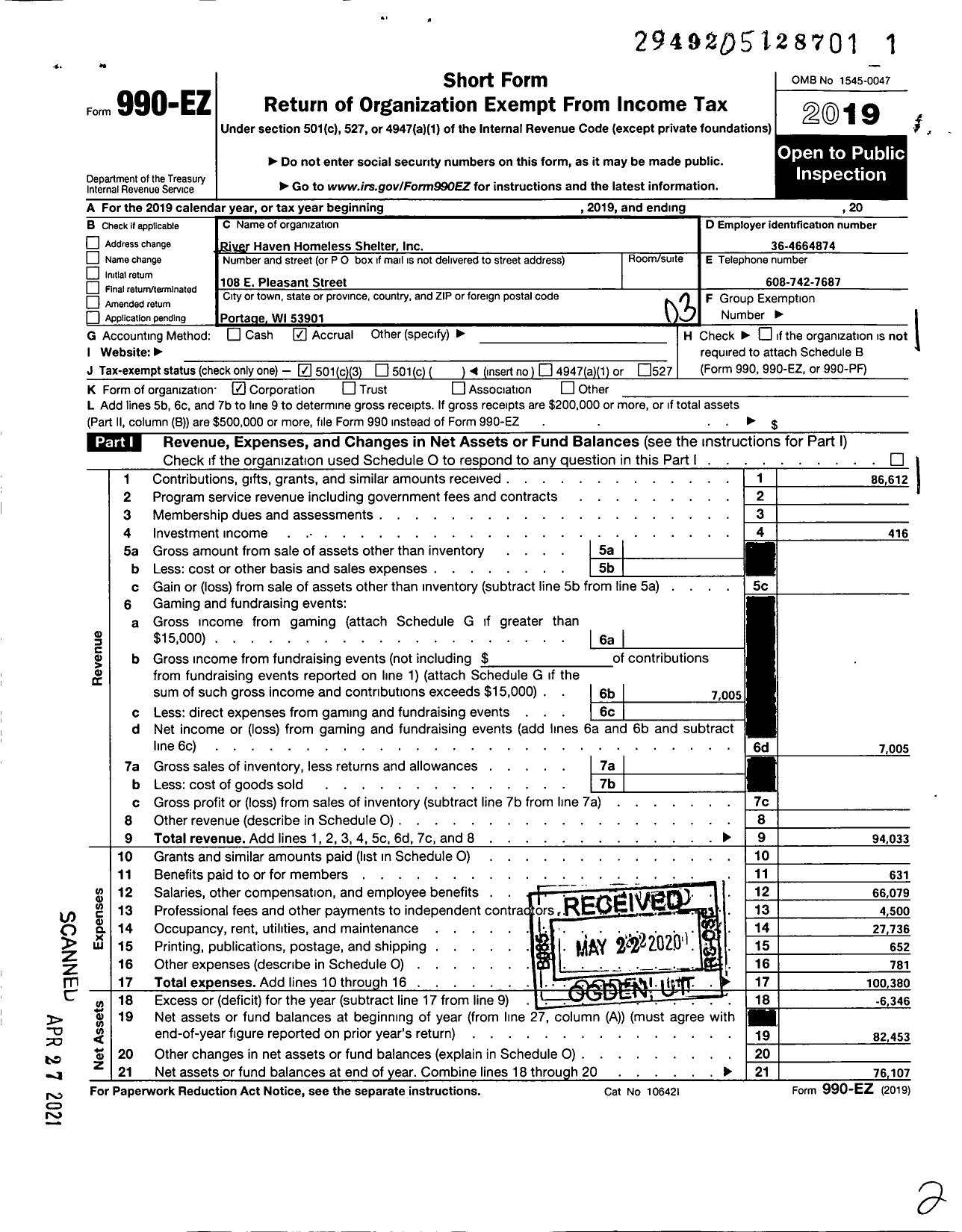 Image of first page of 2019 Form 990EZ for River Haven Homeless Shelter