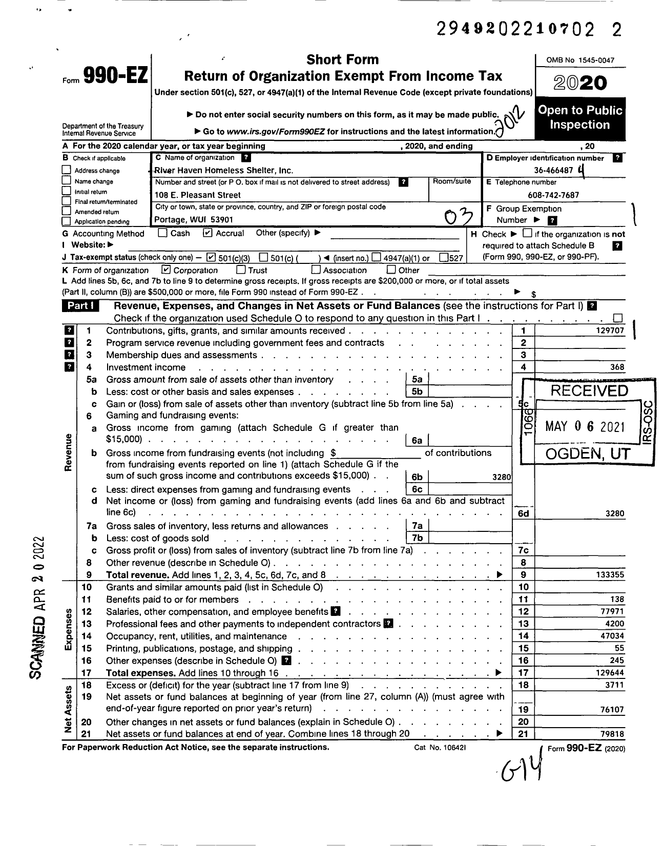 Image of first page of 2020 Form 990EZ for River Haven Homeless Shelter