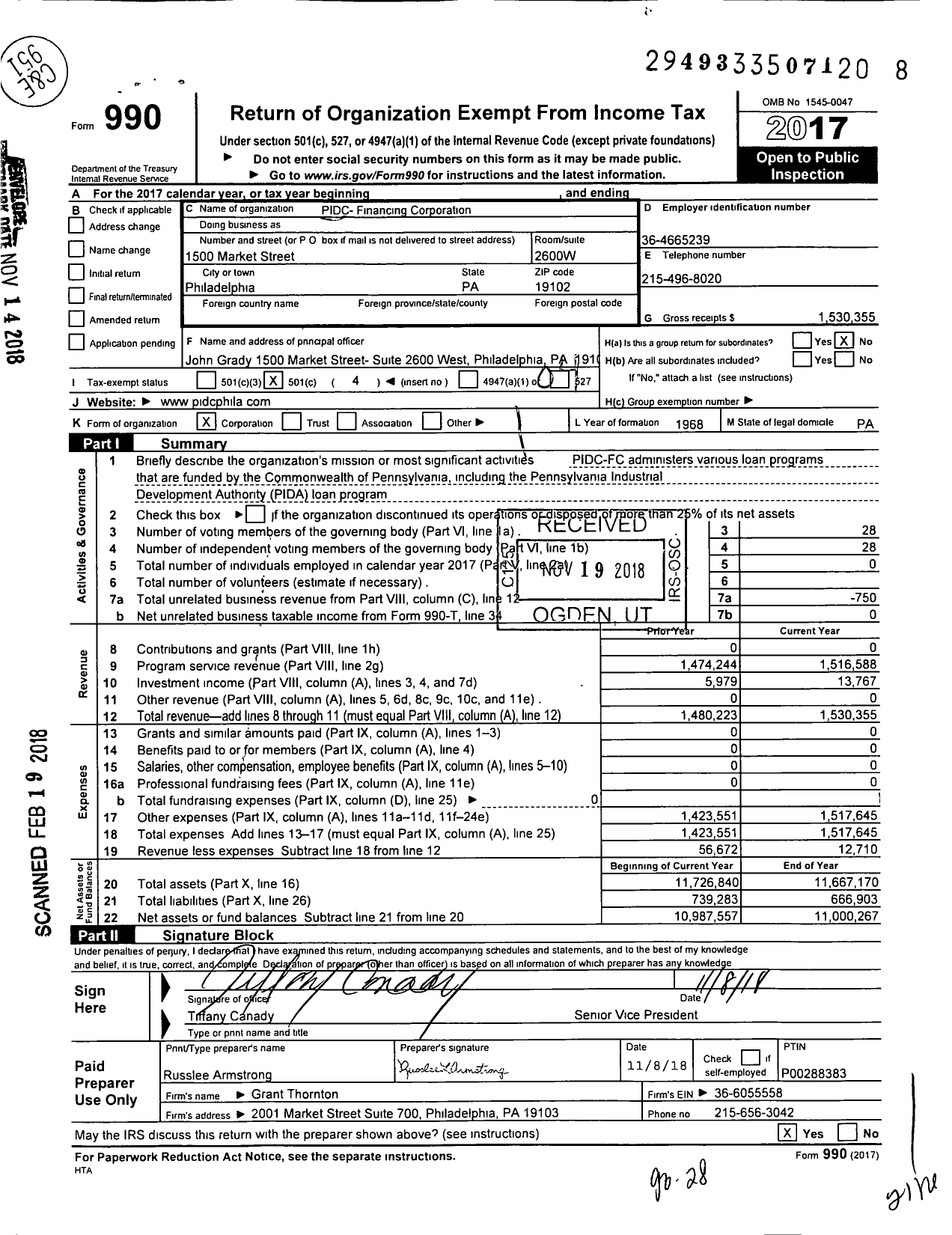 Image of first page of 2017 Form 990O for Pidc-Financing Corporation