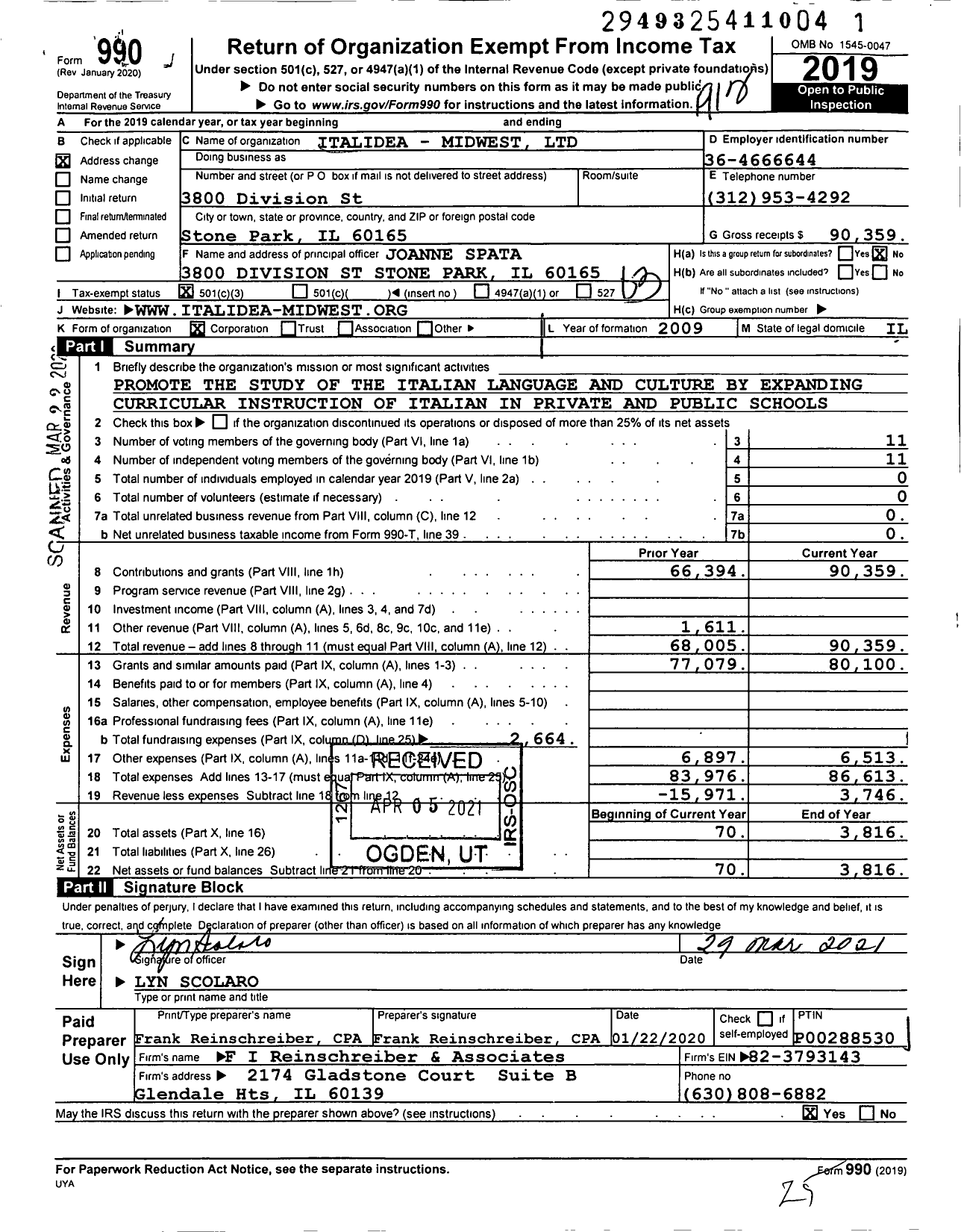 Image of first page of 2019 Form 990 for Italidea - Midwest